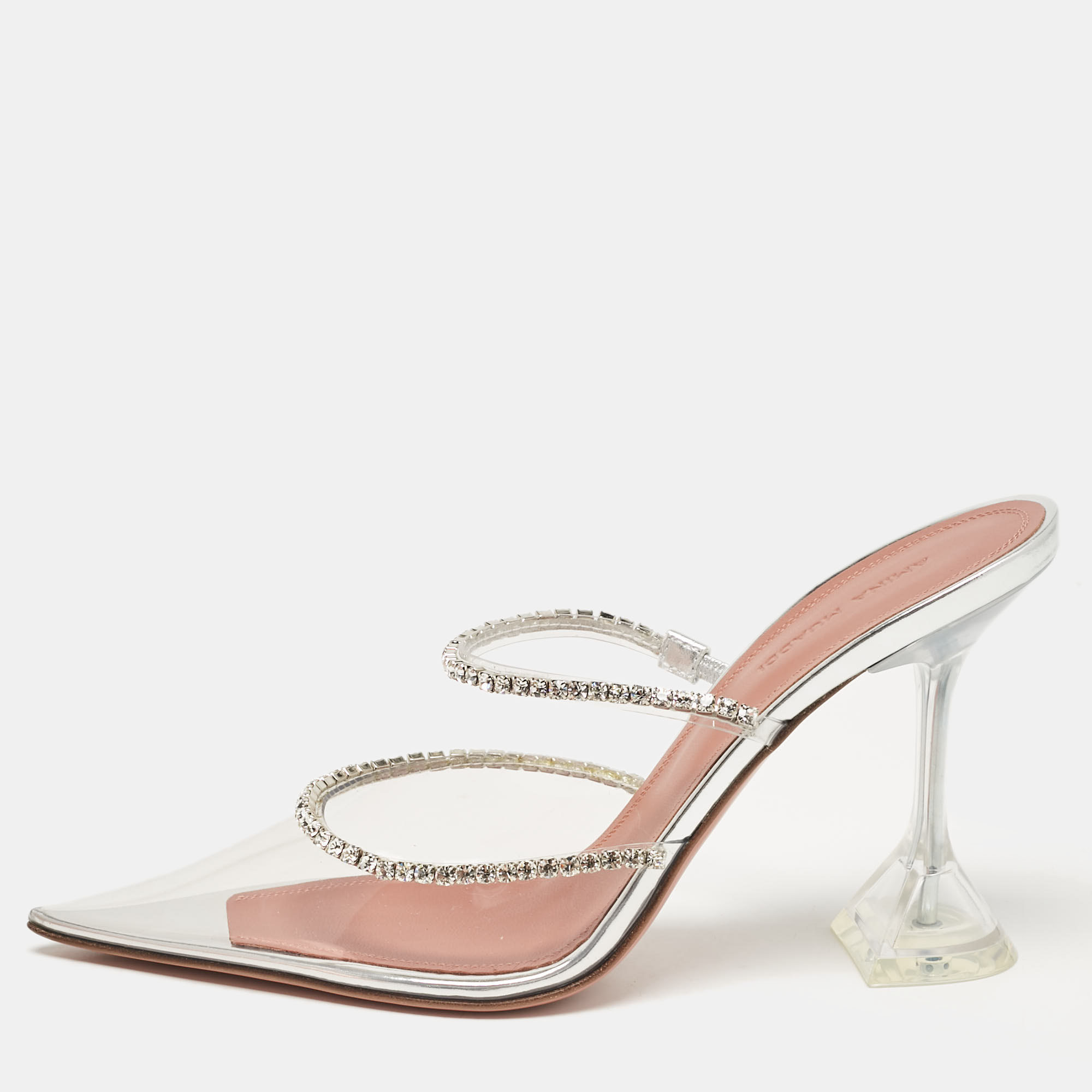 

Amina Muaddi Silver PVC Crystal Embellished Mules Size