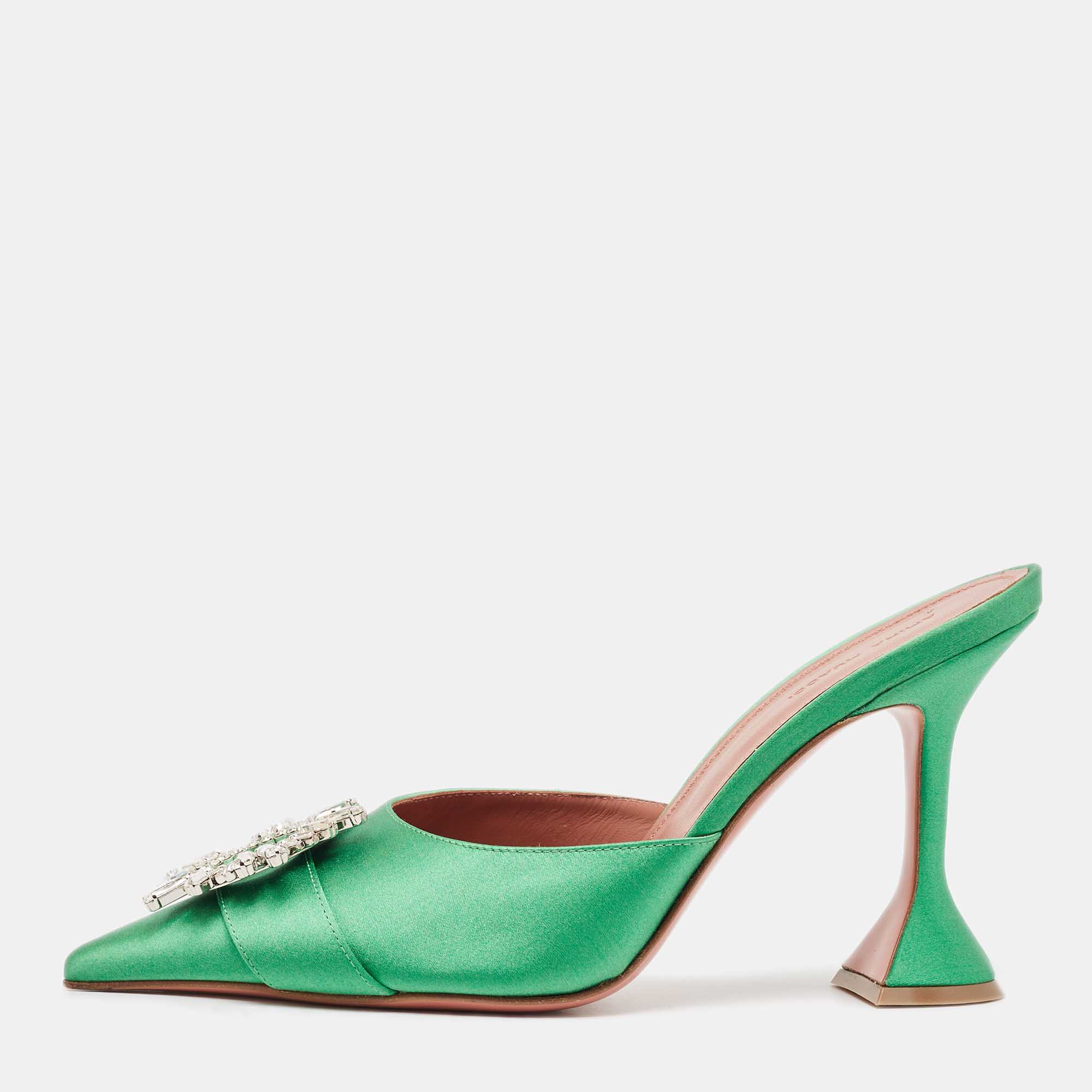 

Amina Muaddi Green Satin Crystal Embellished Begum Pointed Toe Mules Size