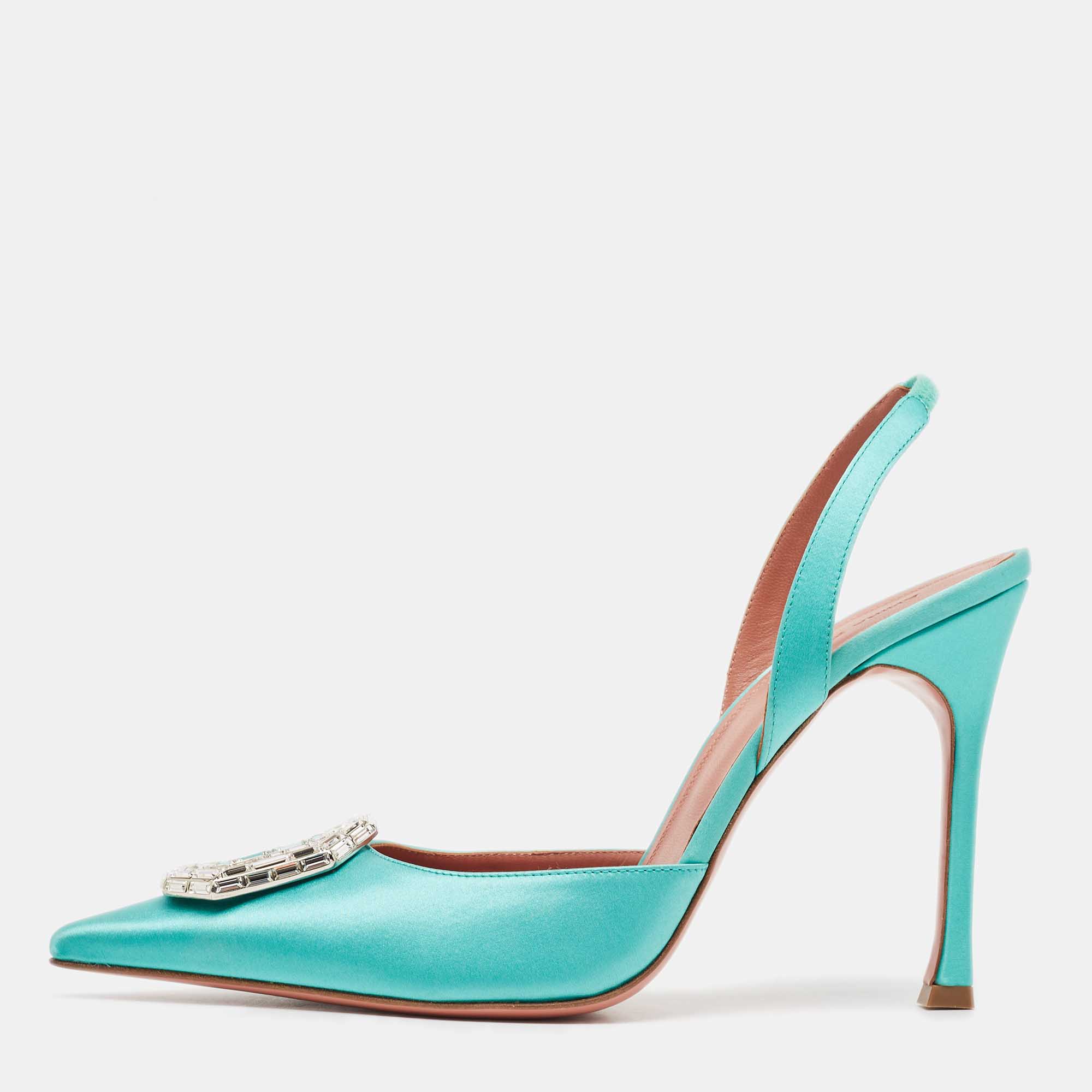 

Amina Muaddi Aqua Green Satin Camelia Slingback Pumps Size