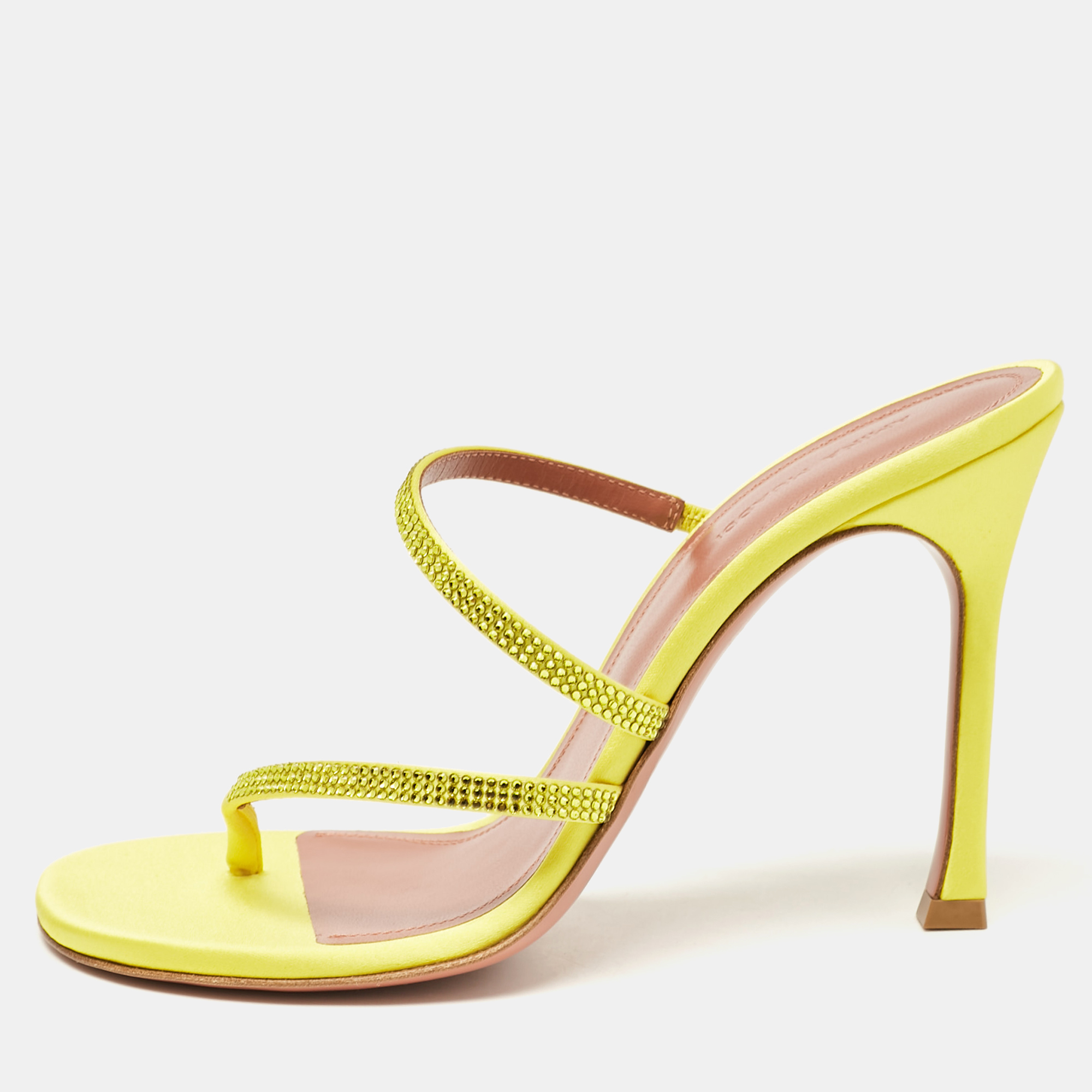 

Amina Muaddi Yellow Satin Crystal Embellished Ami Slide Sandals Size