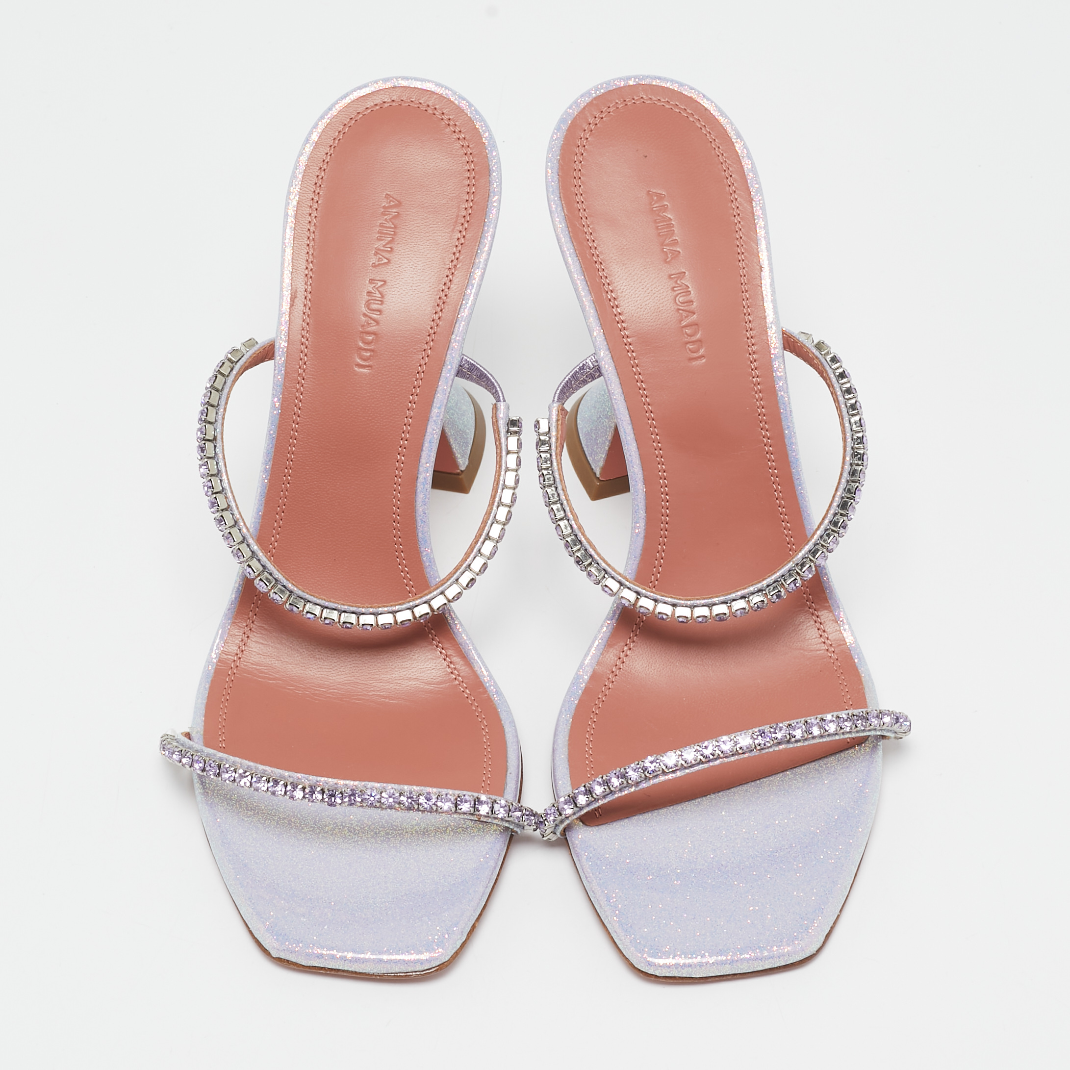 Amina Muaddi Lilac Glitter Patent Leather Glida Slide Sandals Size 37 