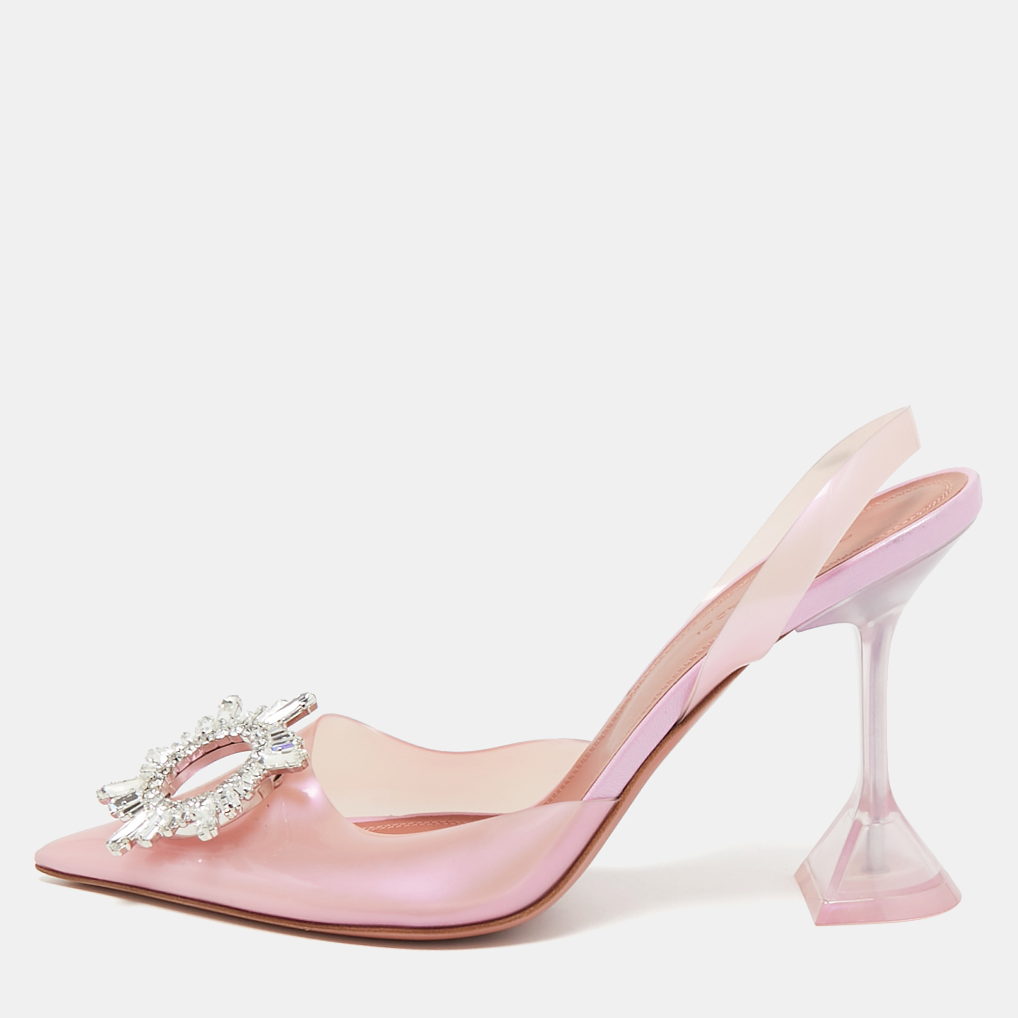 

Amina Muaddi Pink Iridescent PVC Begum Slingback Pumps Size