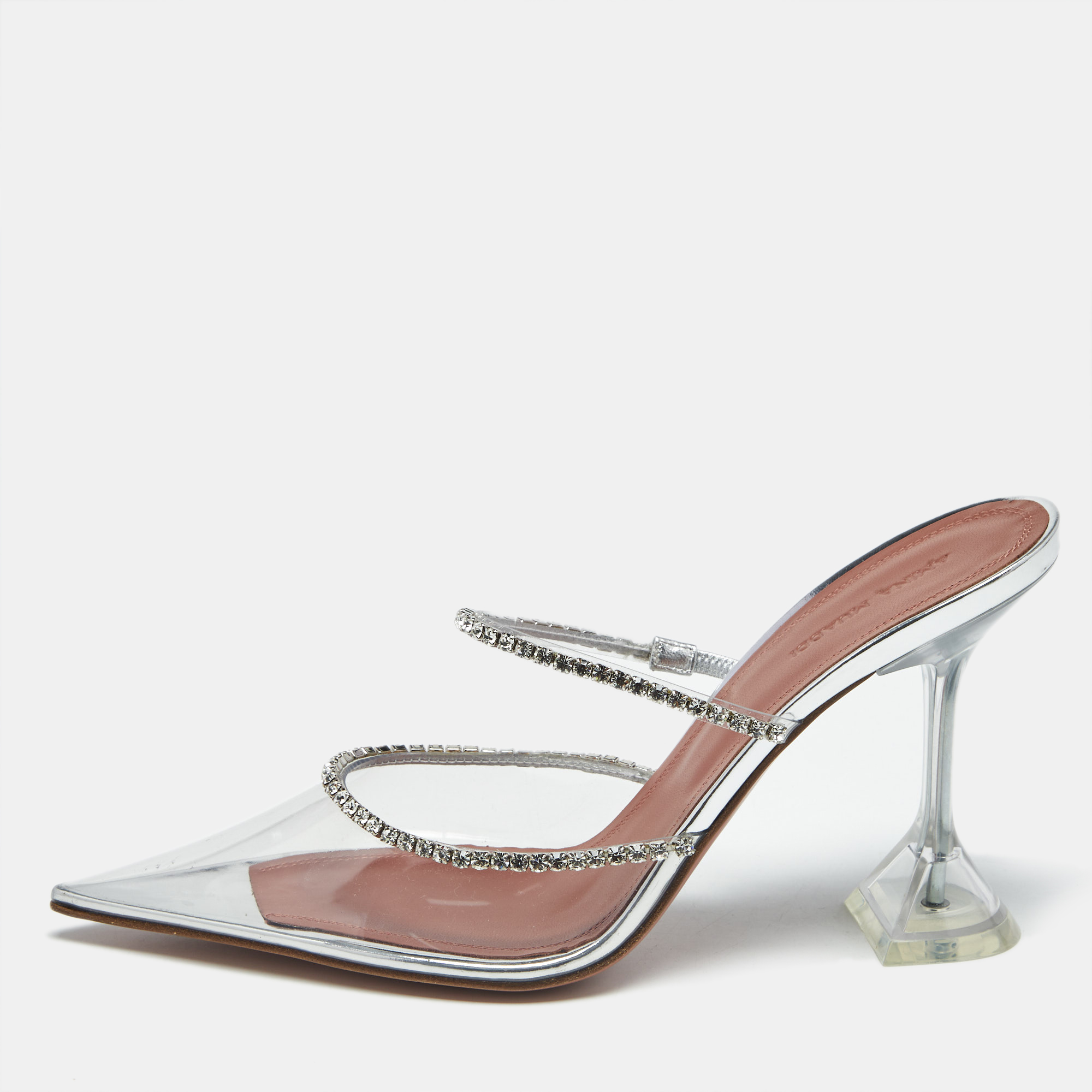 Pre-owned Amina Muaddi Transparent Pvc Crystal Embellished Gilda Mules Size 39
