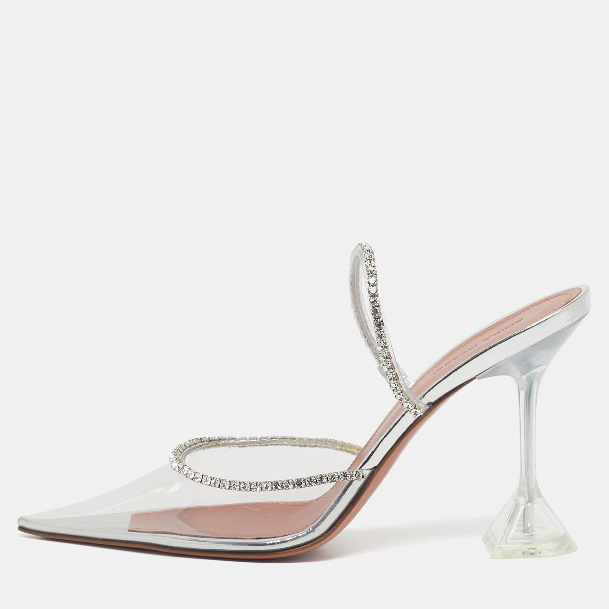 Pre-owned Amina Muaddi Silver Pvc Gilda Glass Heel Mules Size 40