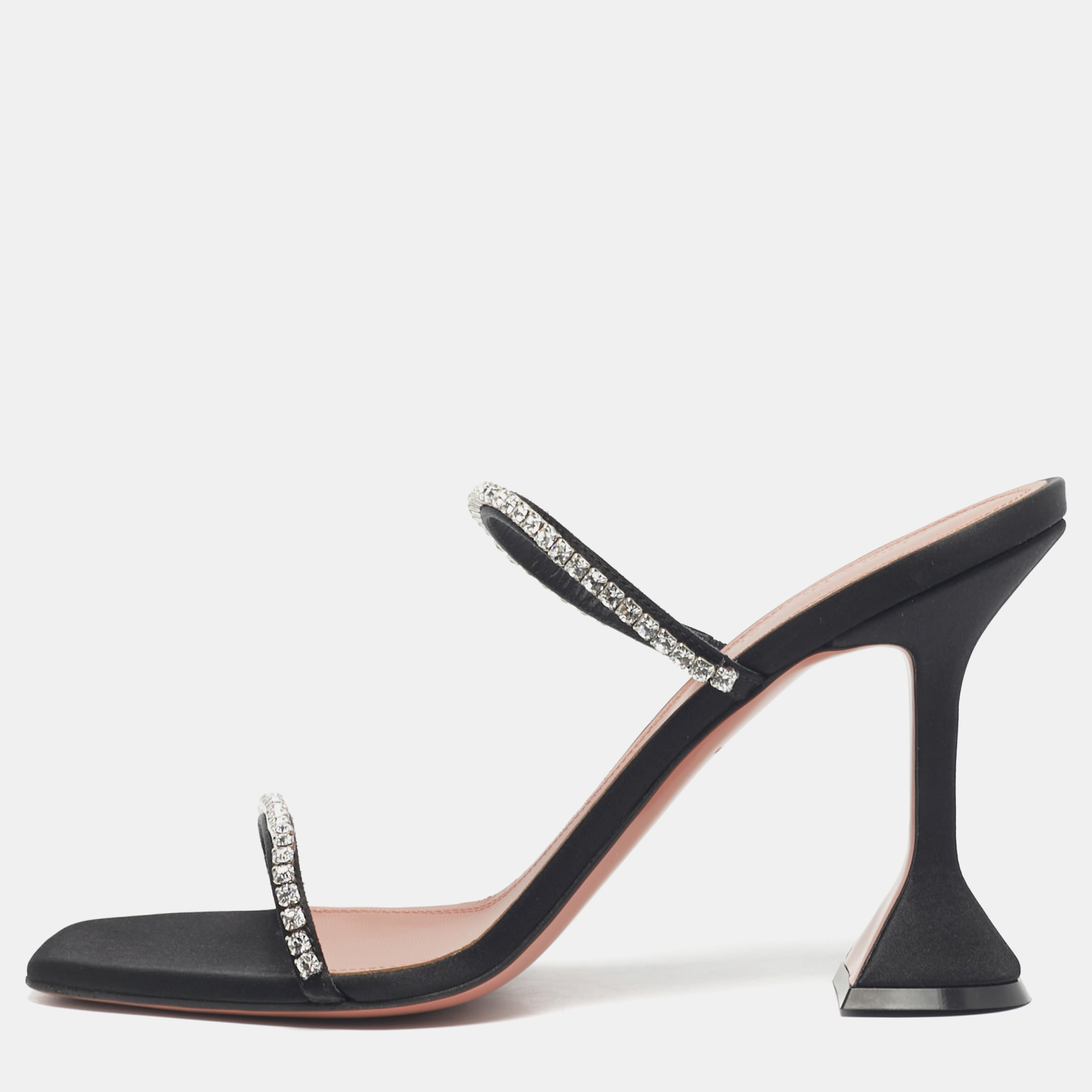 Pre-owned Amina Muaddi Black Satin Crystal Embellished Gilda Slide Sandals Size 39.5