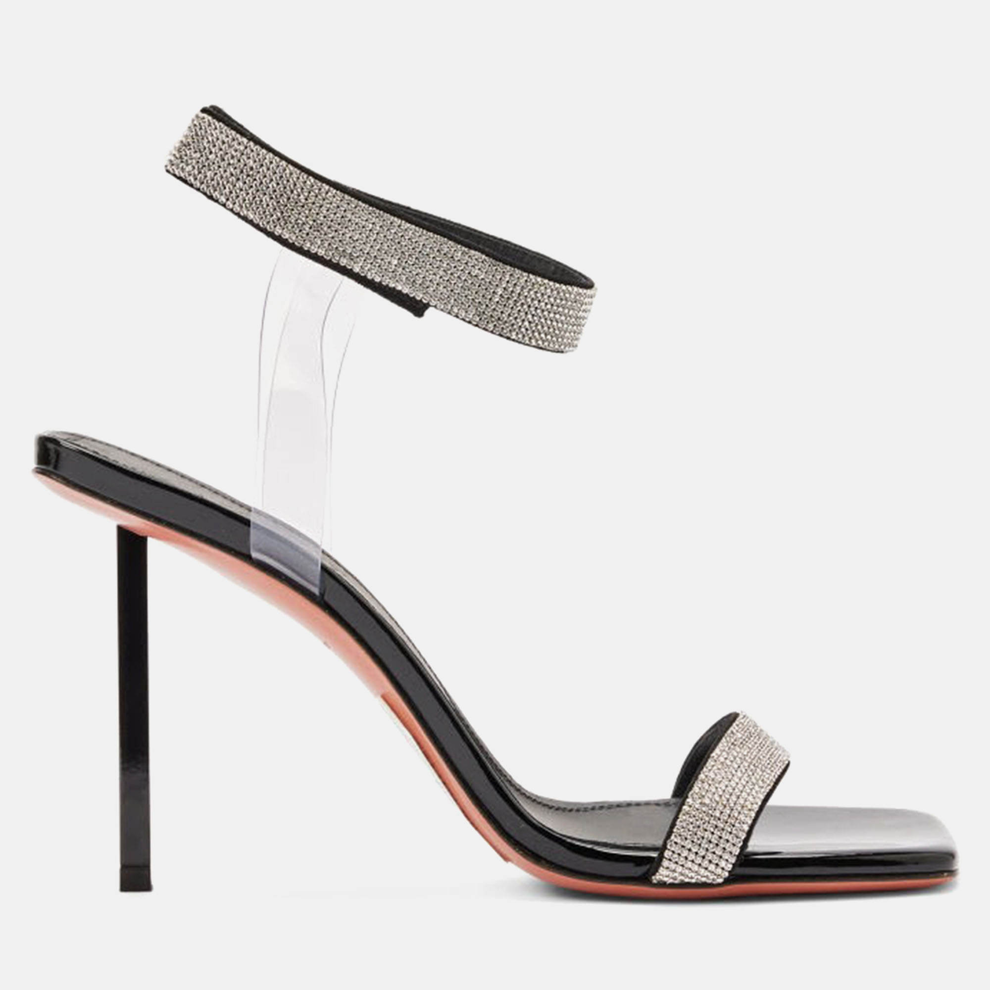 Pre-owned Amina Muaddi Rih Black Patent White Crystal Mesh Black Lacquer Metal Heel 95 Mm Eu 38