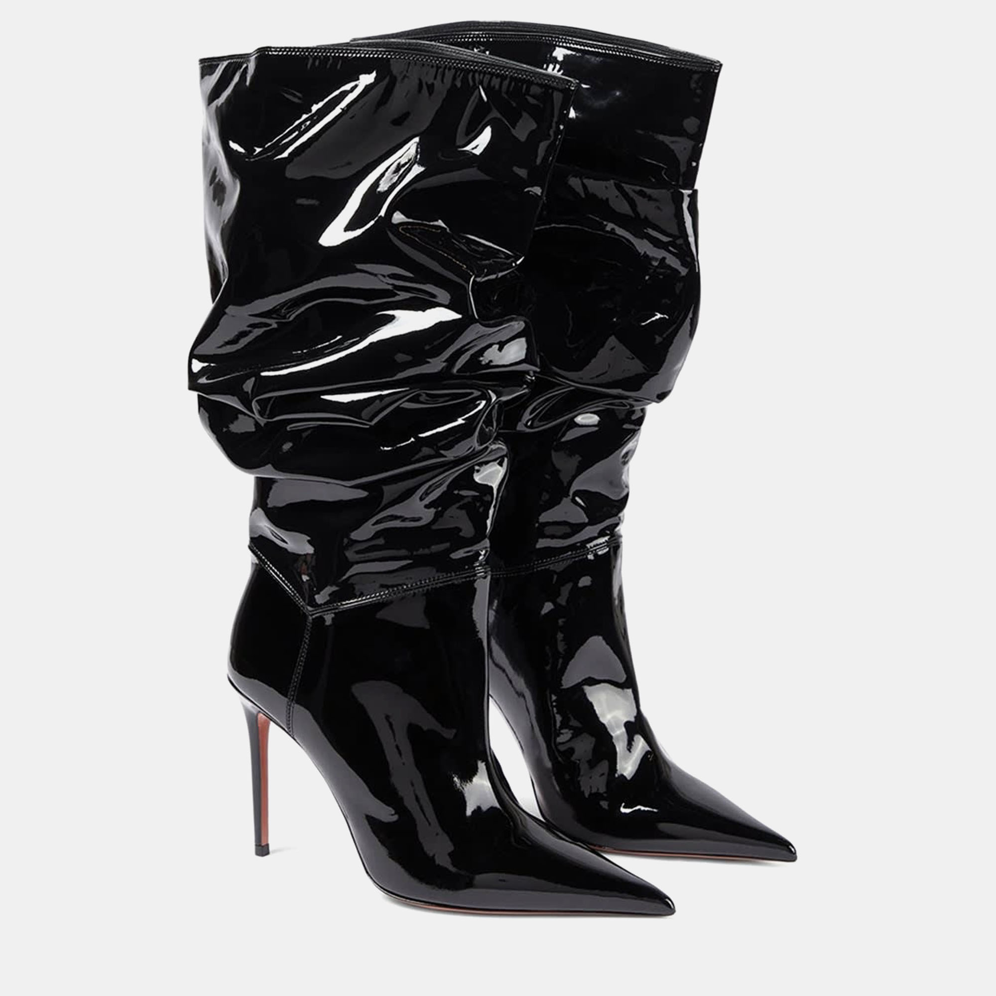 Click to view more detailed imagery on our partner's website Pre-owned Amina Muaddi Jahleel Latex Black Leather Ankle Boots Eu 39