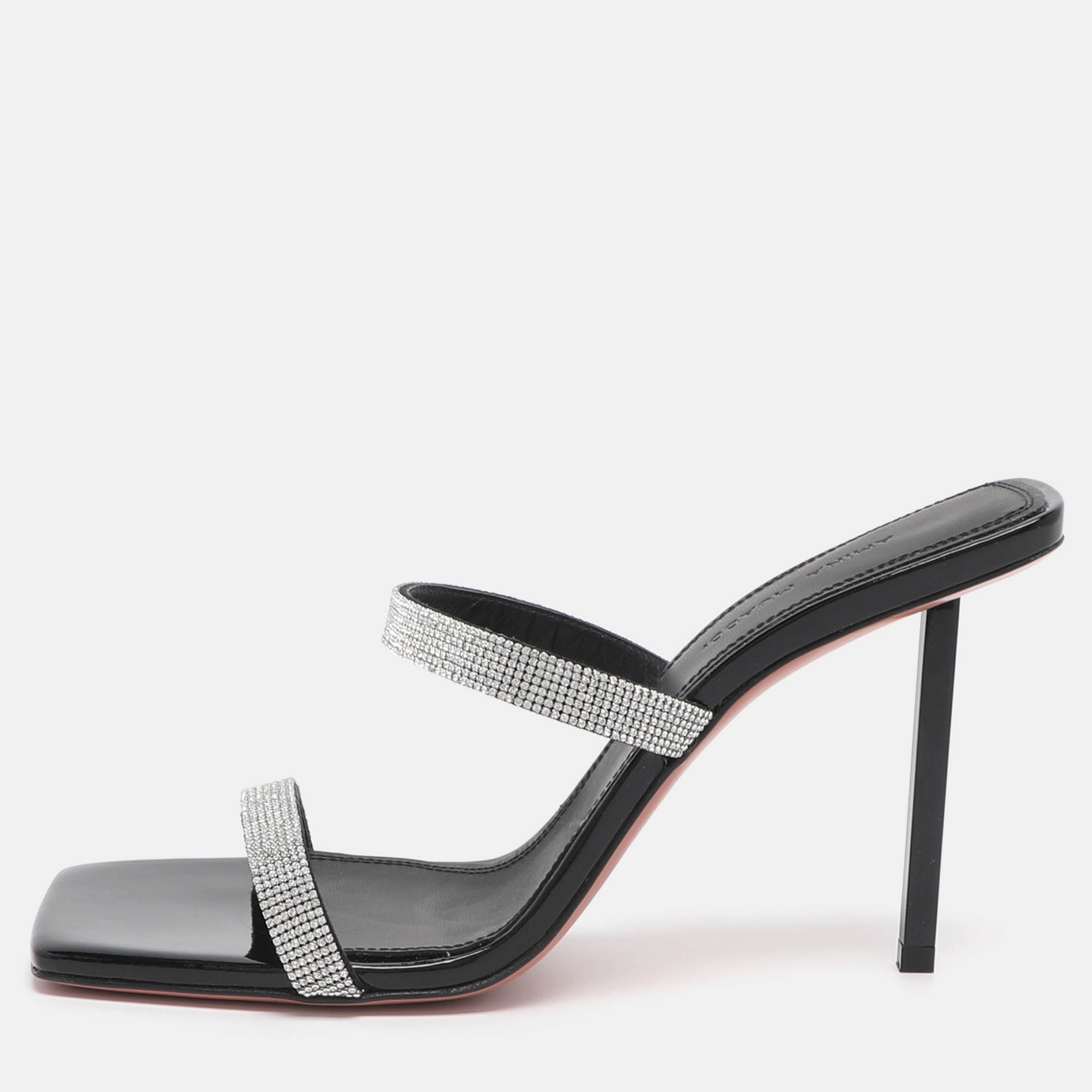 Pre-owned Amina Muaddi Rih Size 37.5 Silver/black Glitter Slide Sandals