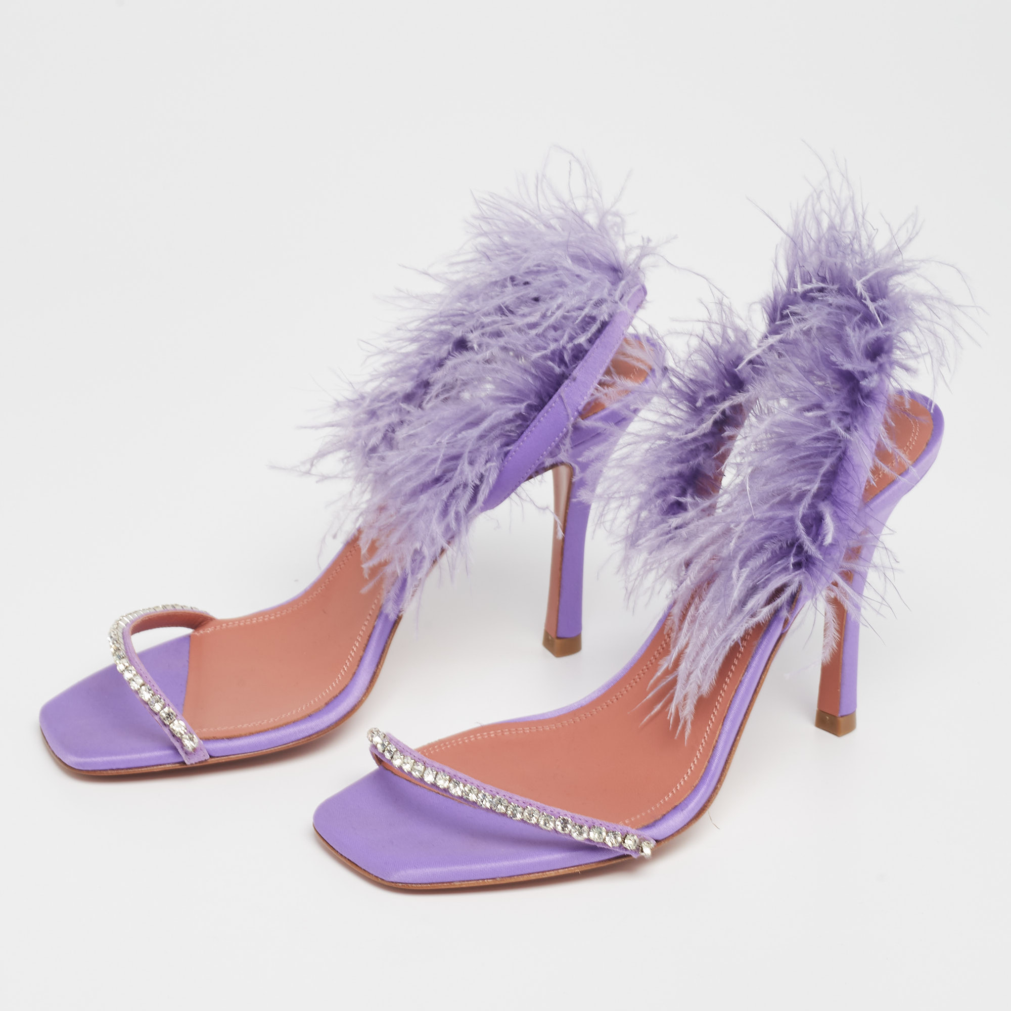 

Amina Muaddi Purple Satin And Fur Crystal Embellished Sandals Size