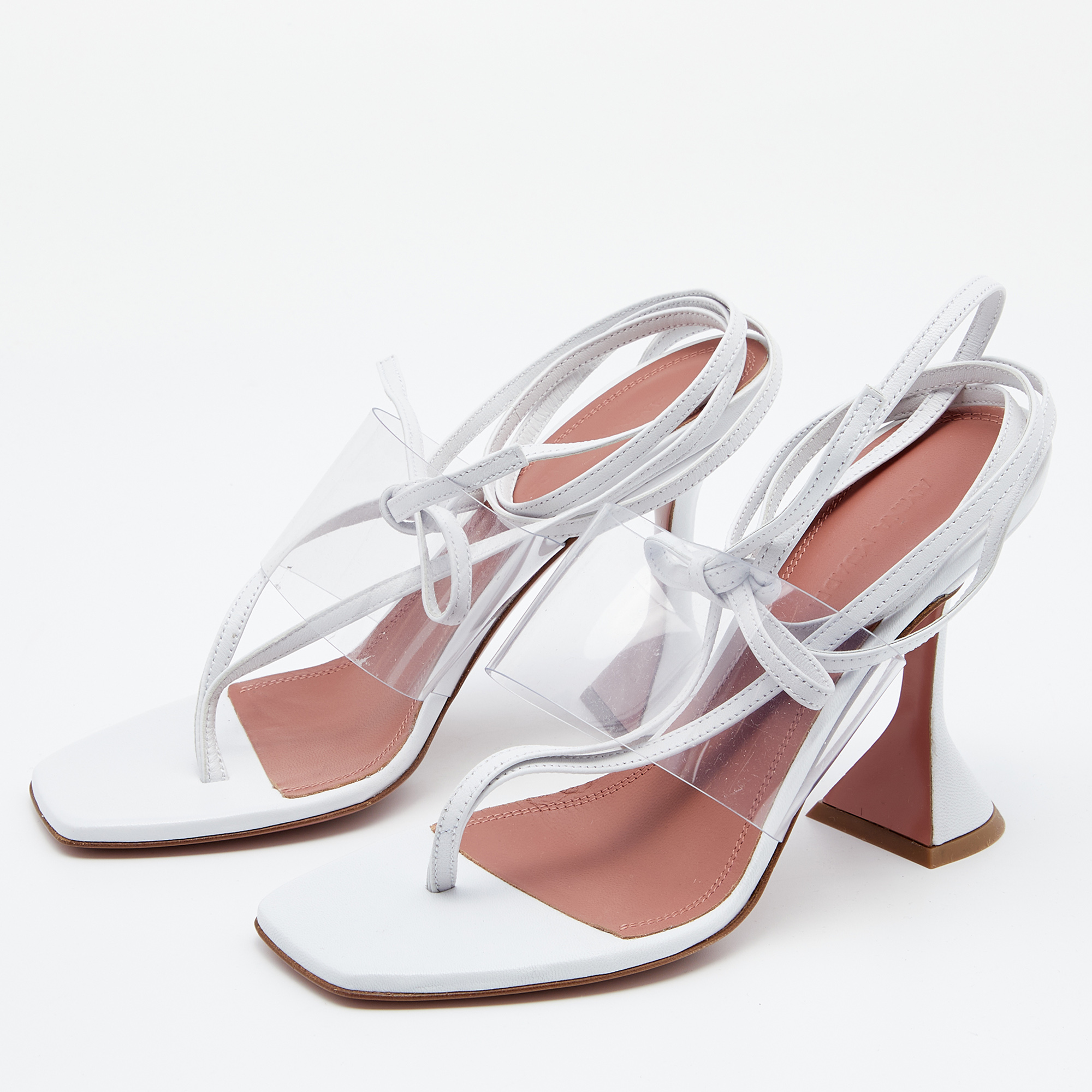 

Amina Muaddi White Leather And PVC Ankle Wrap Sandals Size