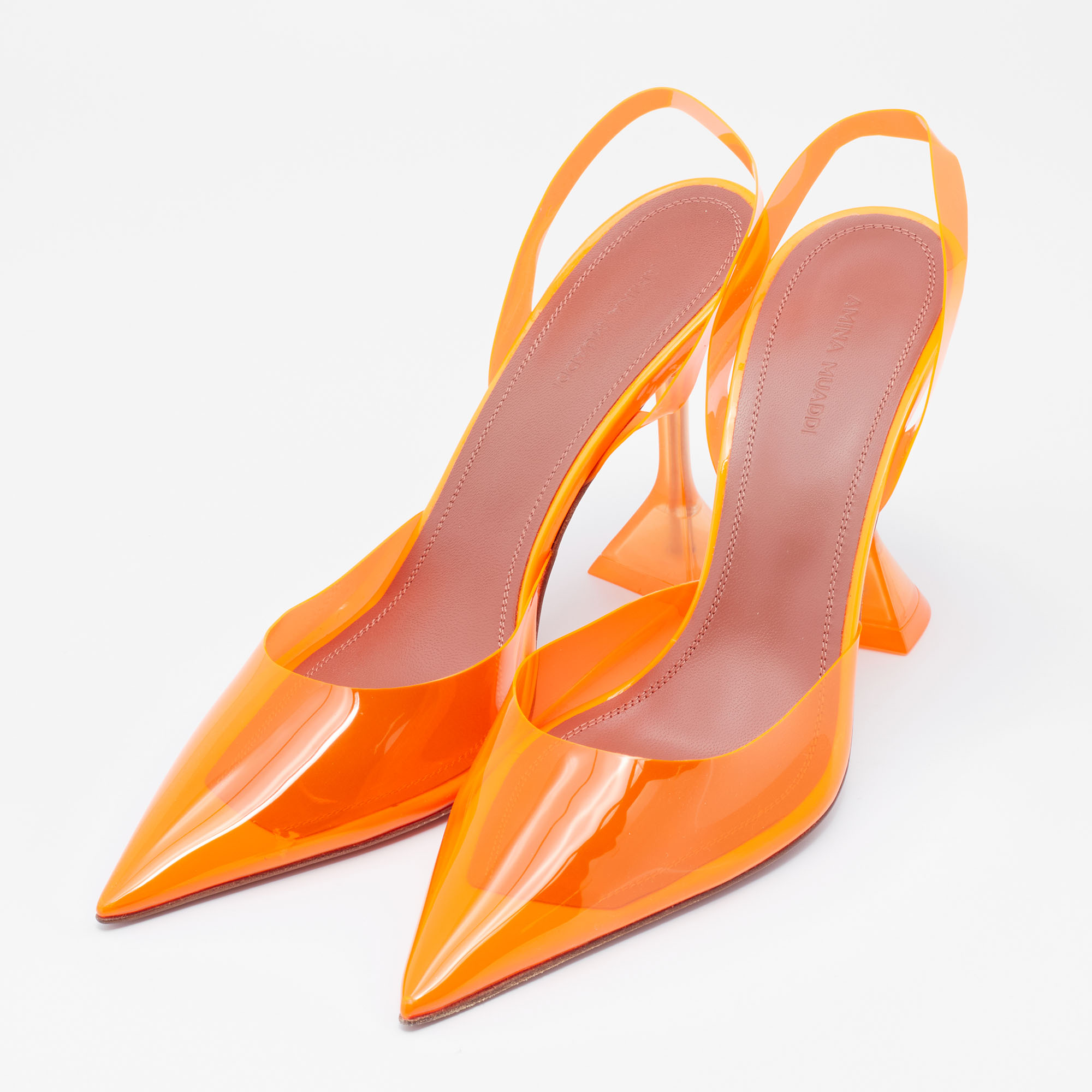 

Amina Muaddi Neon Orange PVC Holli Glass Slingback Sandals Size