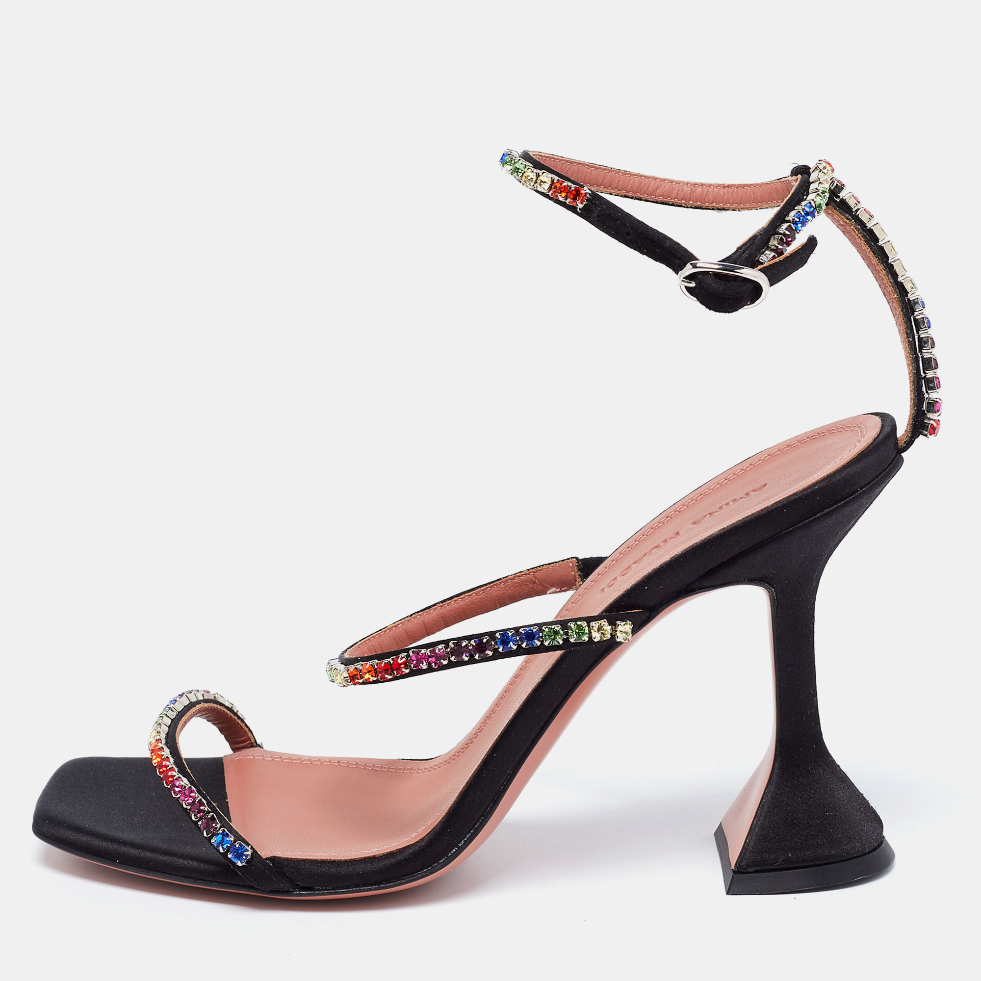 Pre Owned Amina Muaddi Black Satin Crystal Embellished Gilda Sandals Size 37