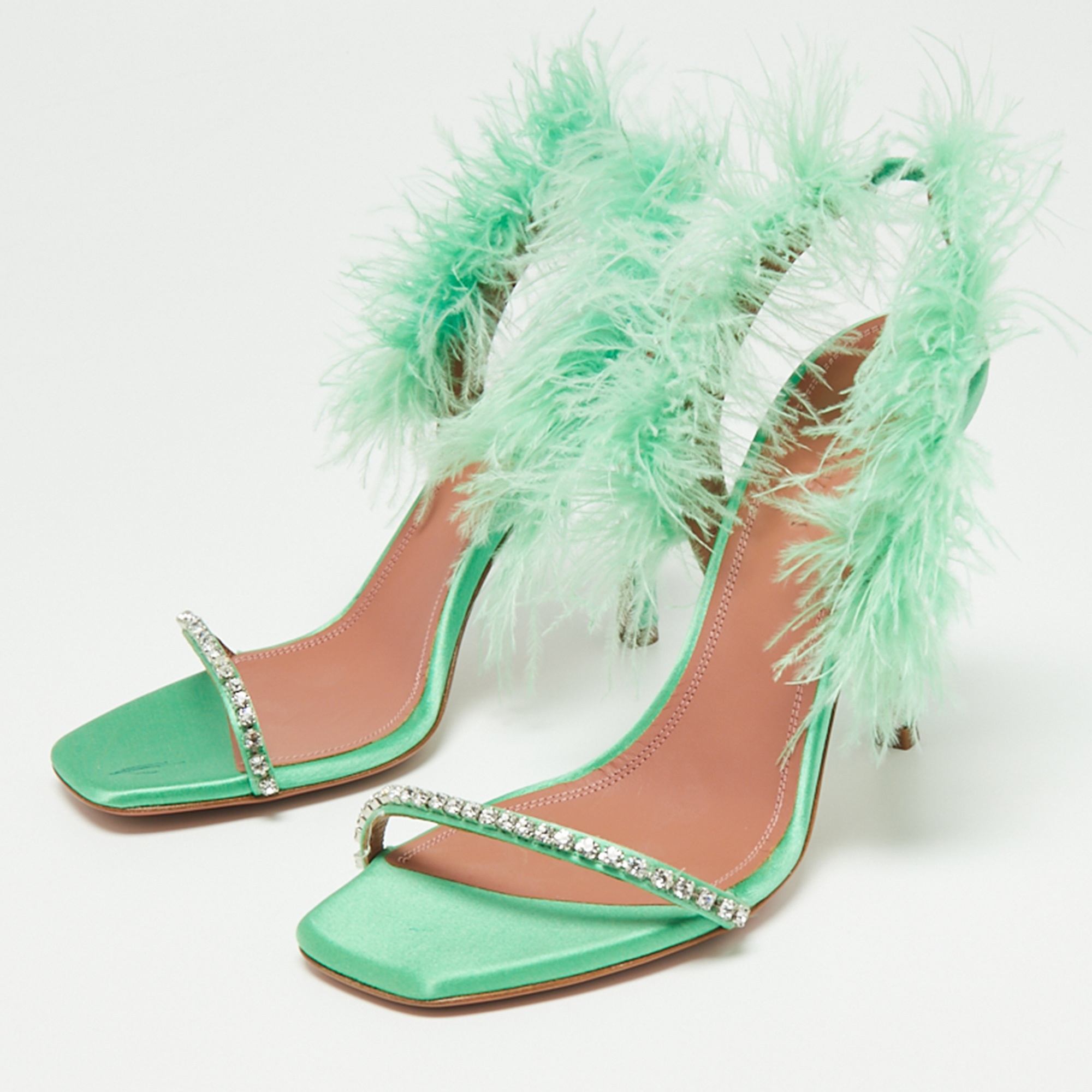 

Amina Muaddi Green Satin Crystal Embellished And Feather Adwoa Slingback Sandals Size