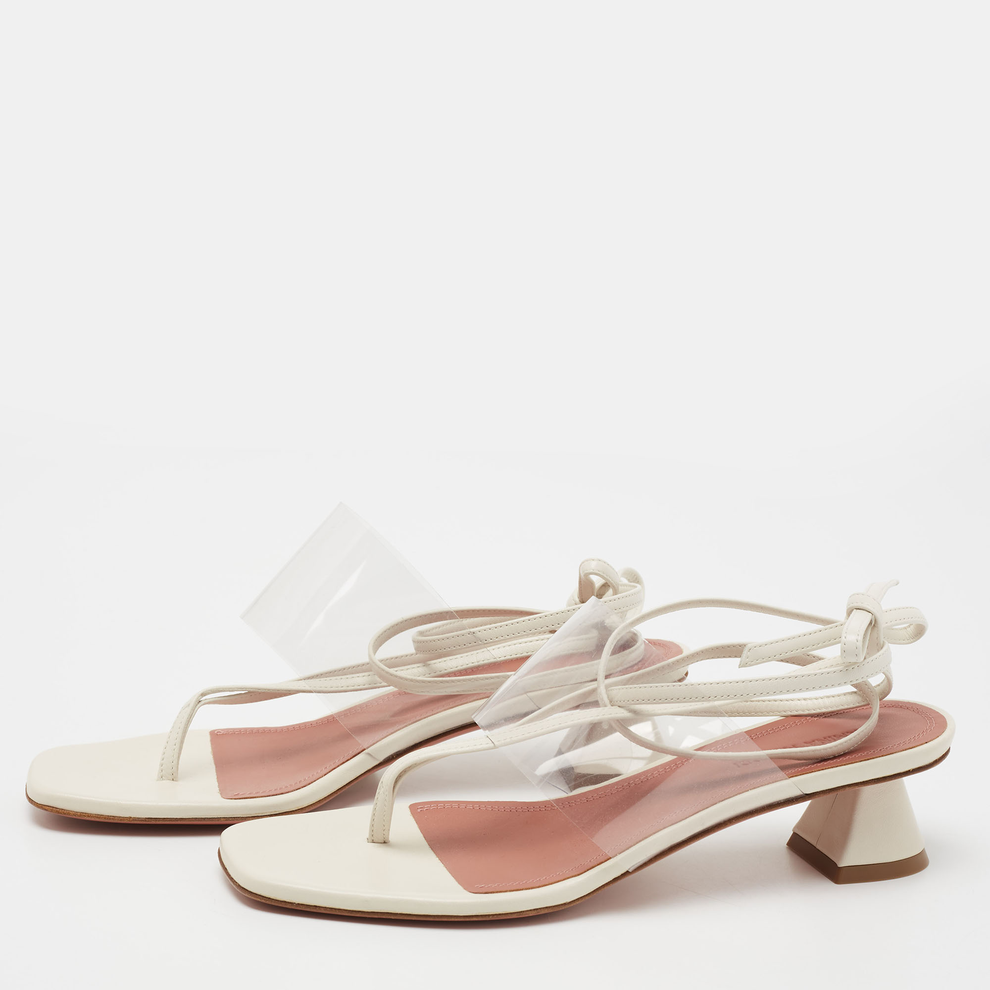 Amina Muaddi Cream Leather and PVC Zula Ankle Tie Sandals Size 37.5  - buy with discount