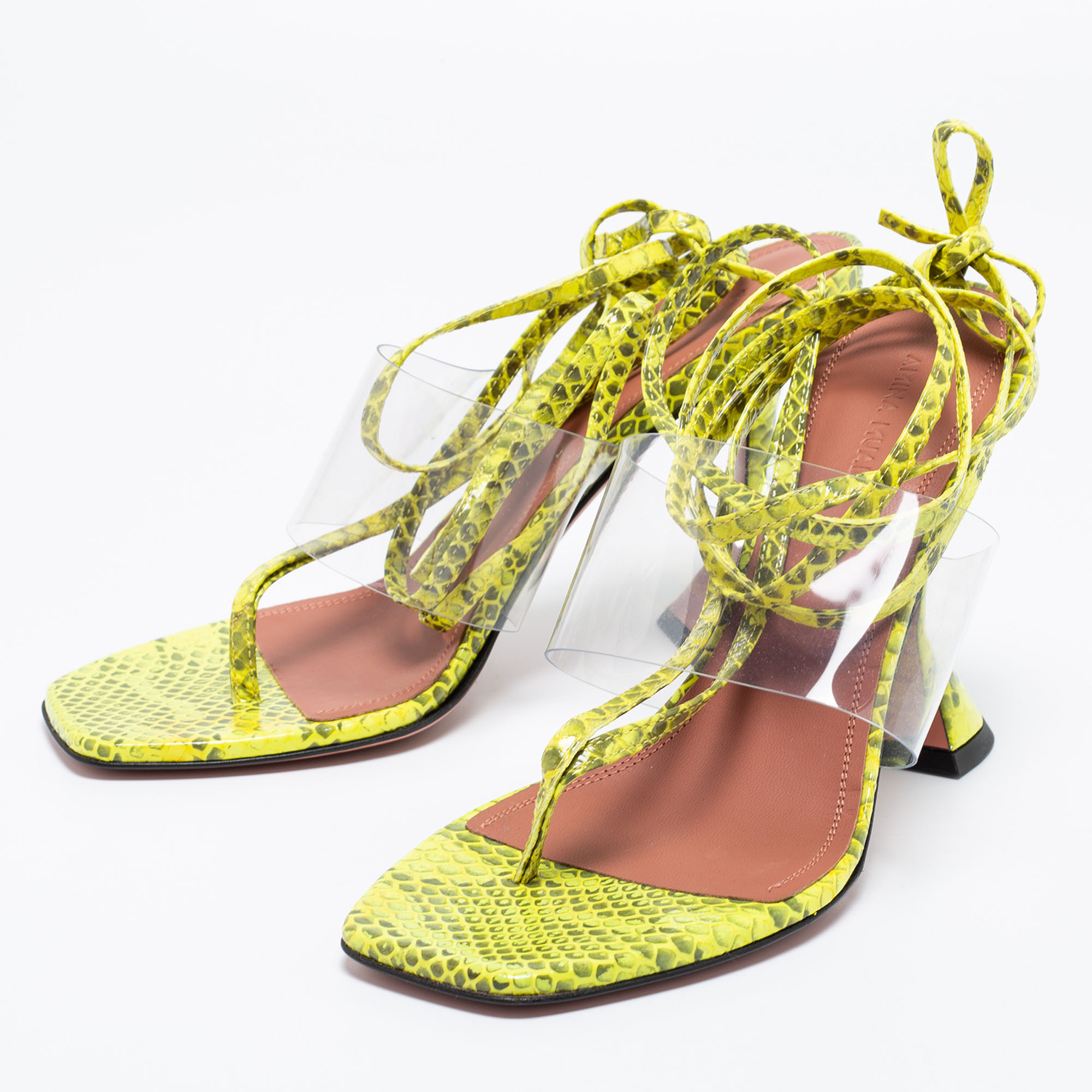

Amina Muaddi Neon Yellow/Grey Embossed Snakeskin Leather and PVC Zula Ankle Tie Sandals Size