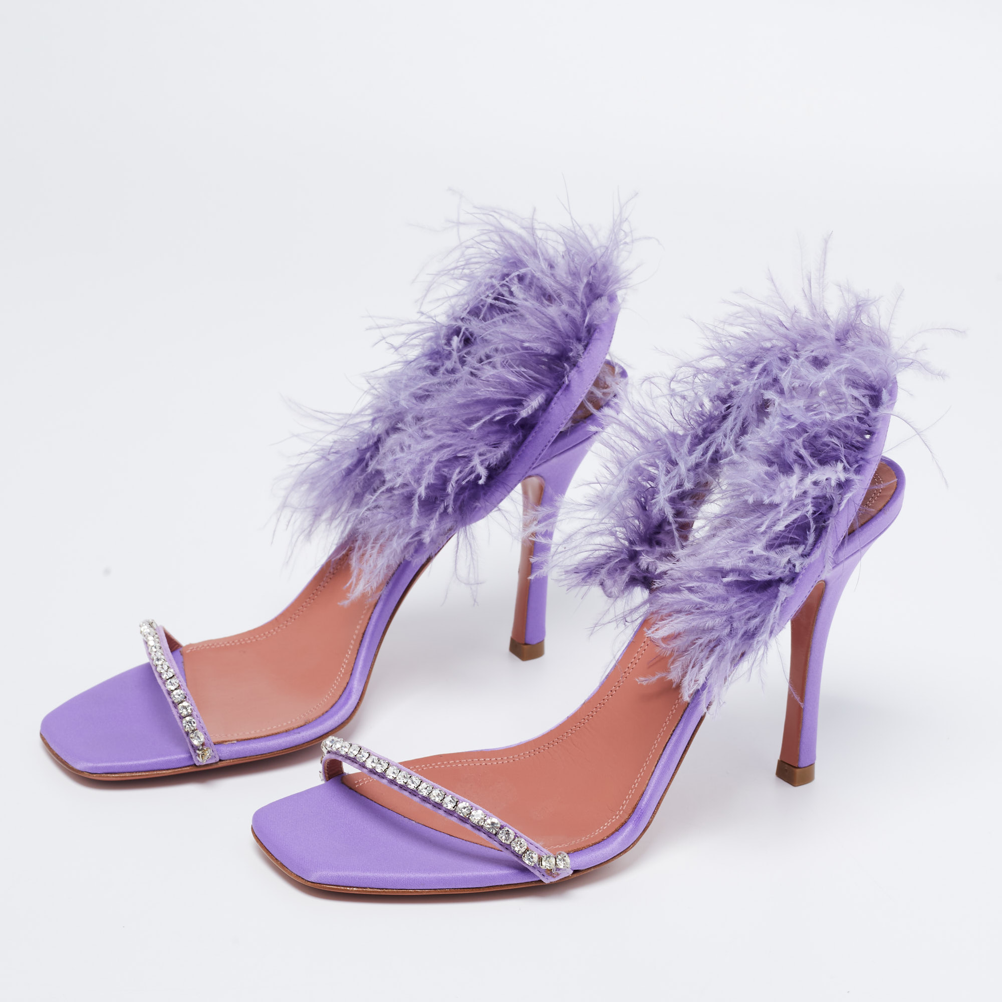 

Amina Muaddi Purple Satin Crystal Embellished And Feather Adwoa Slingback Sandals Size