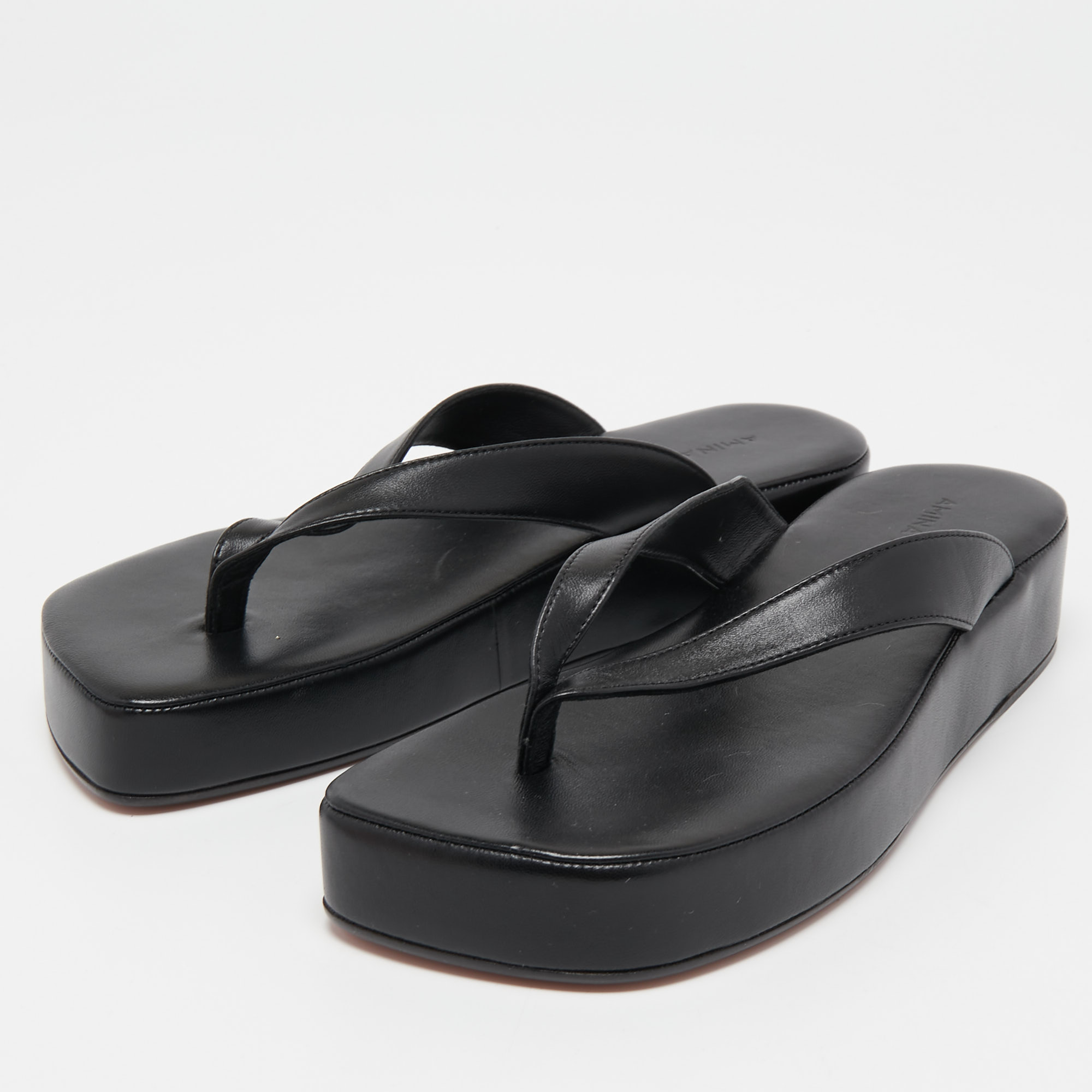 

Amina Muaddi Black Leather Johana Platform Thong Sandals Size