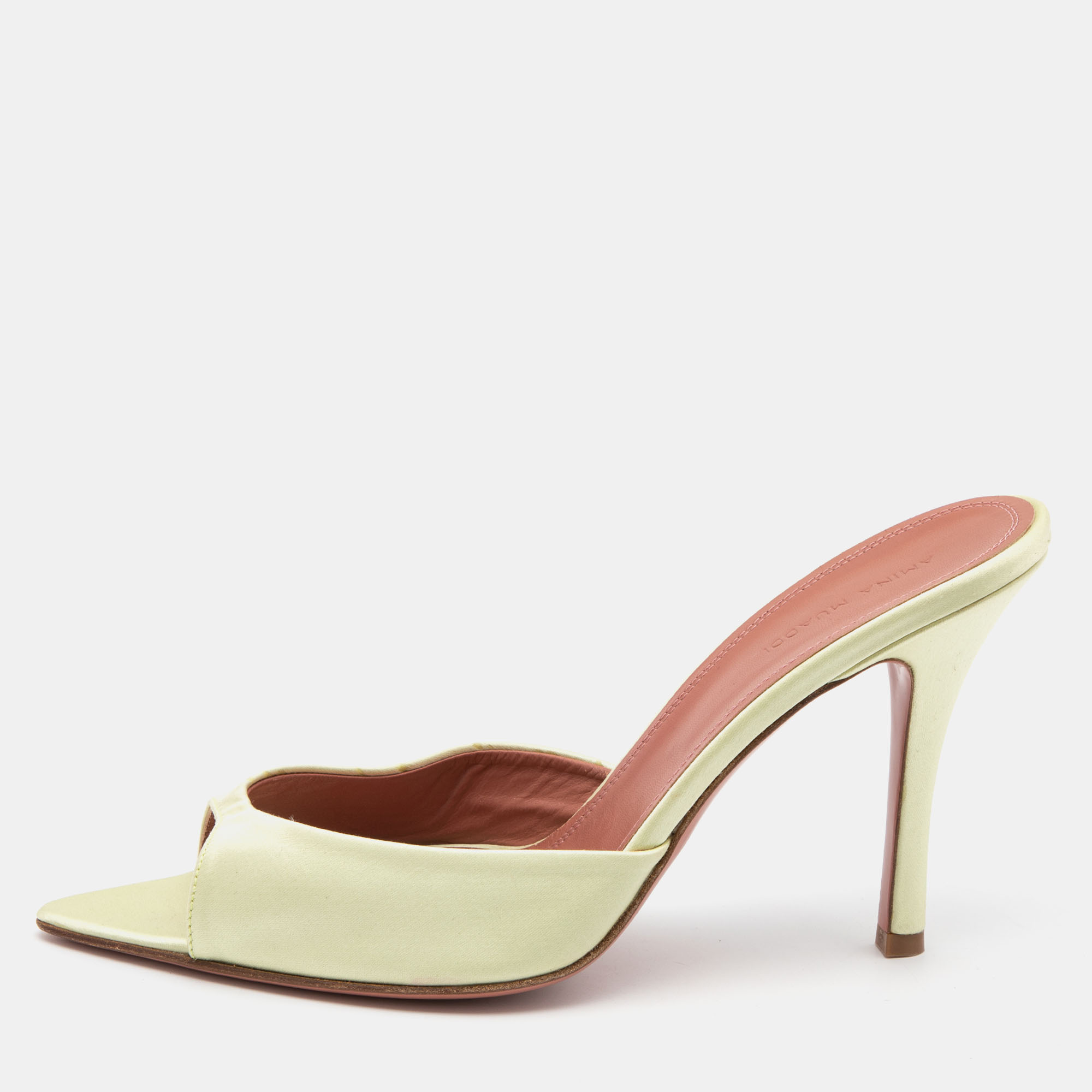 Pre Owned Amina Muaddi Light Green Satin Caroline Mule Sandals Size 41