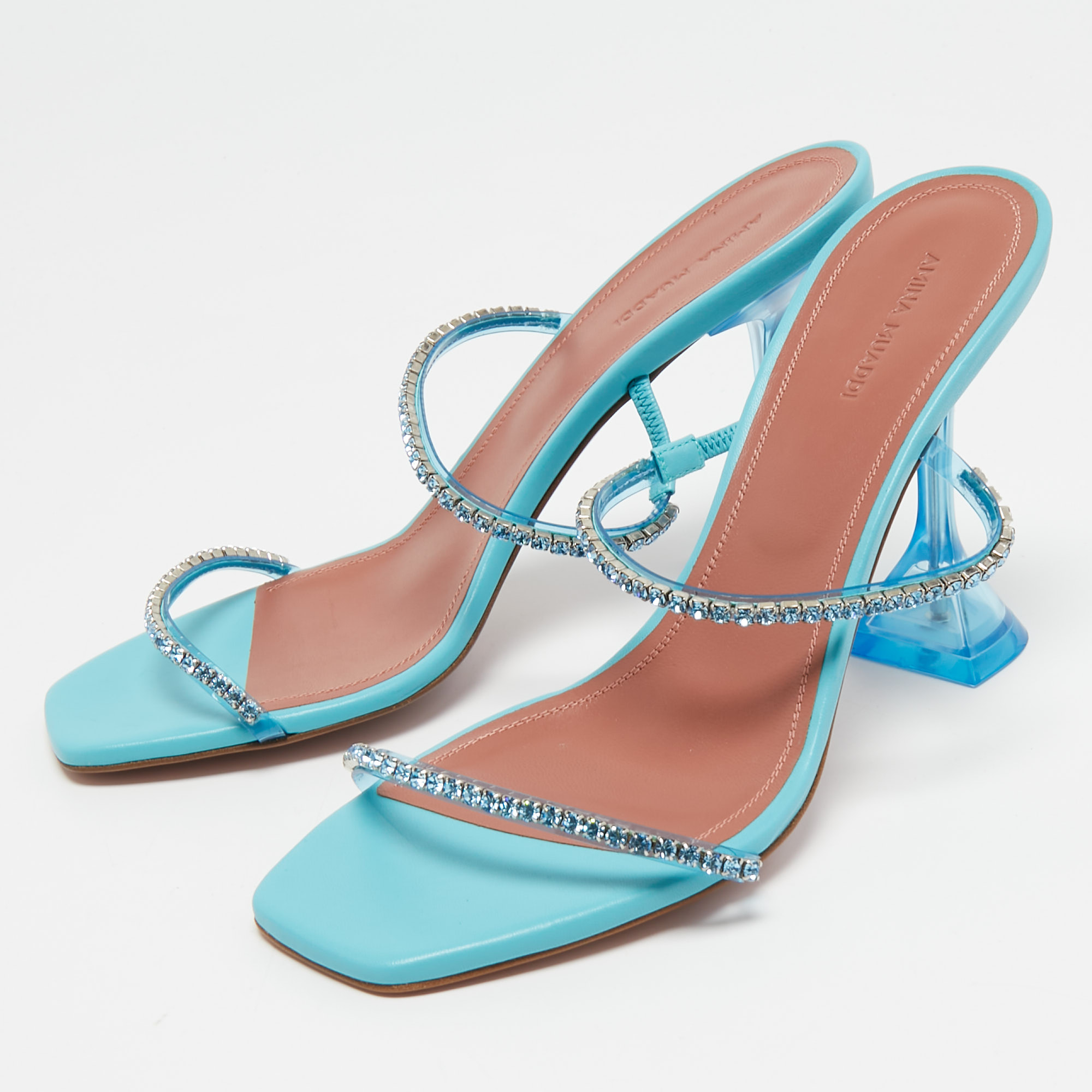 

Amina Muaddi Blue Leather Crystal Embellished Gilda Slide Sandals Size