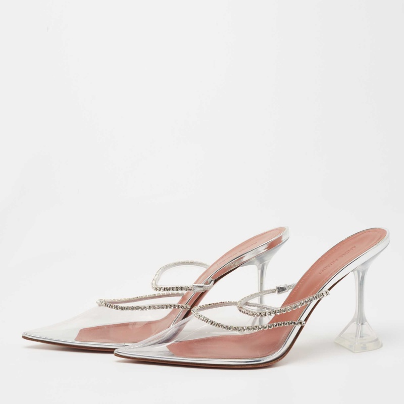 

Amina Muaddi Silver PVC Glida Glass Mules Size