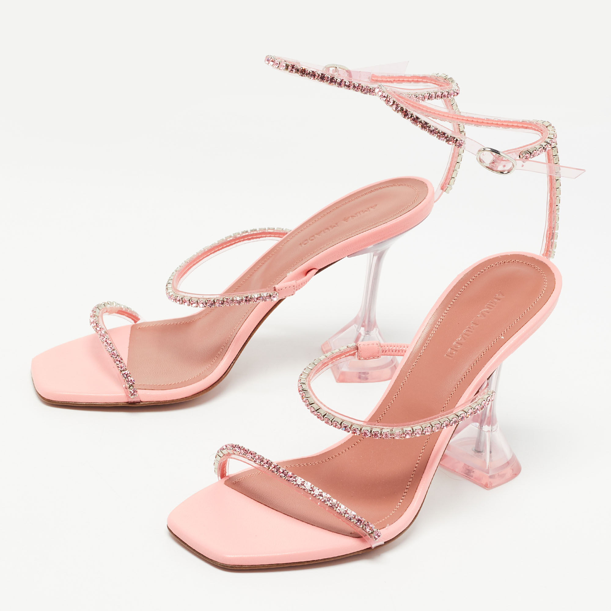 

Amina Muaddi Pink Leather Gilda Crystal-Embellished Ankle Strap Sandals Size