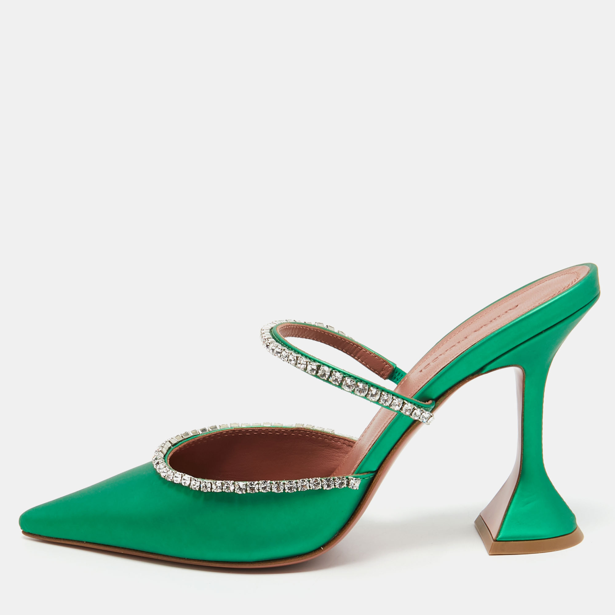 Pre Owned Amina Muaddi Green Leather Gilda Mules Size 38