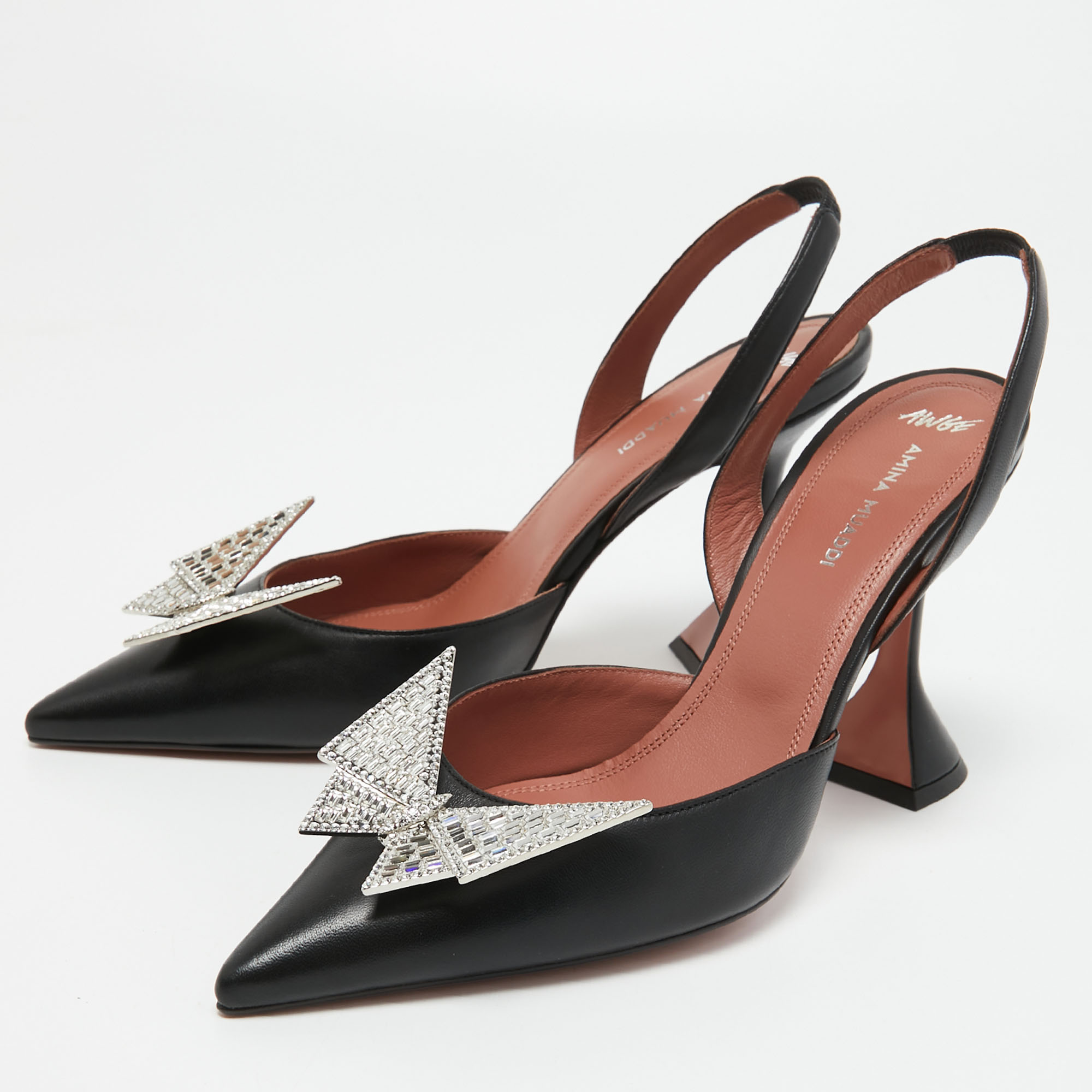 

Amina Muaddi Black Leather Awge Phoenix Slingback Pumps Size