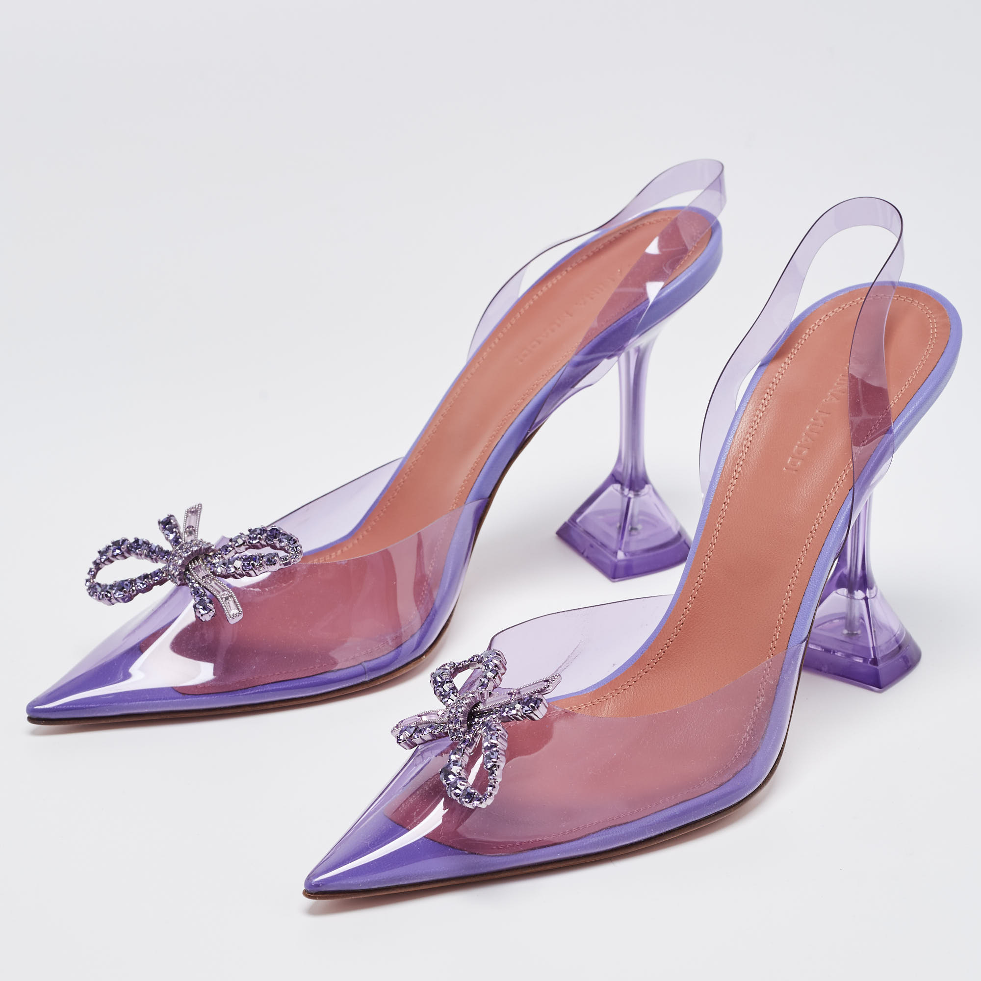 

Amina Muaddi Purple PVC Rosie Crystal Embellished Bow Pointed Toe Slingback Pumps Size