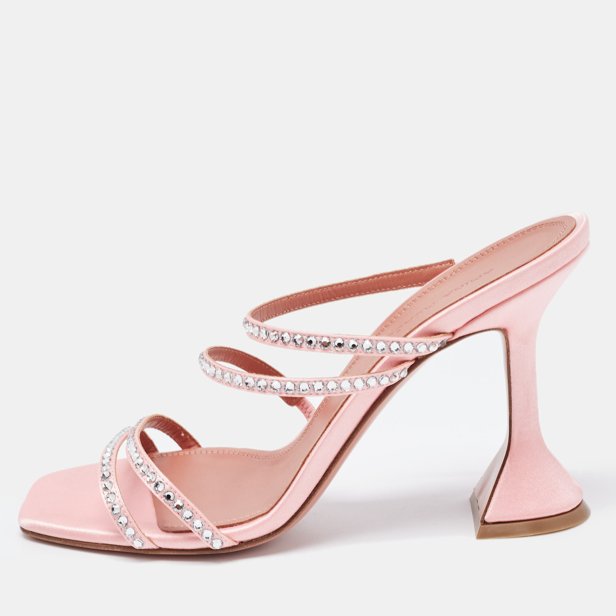 Pre Owned Amina Muaddi Pink Crystal Embellished Satin Gilda Slide Sandals Size 37