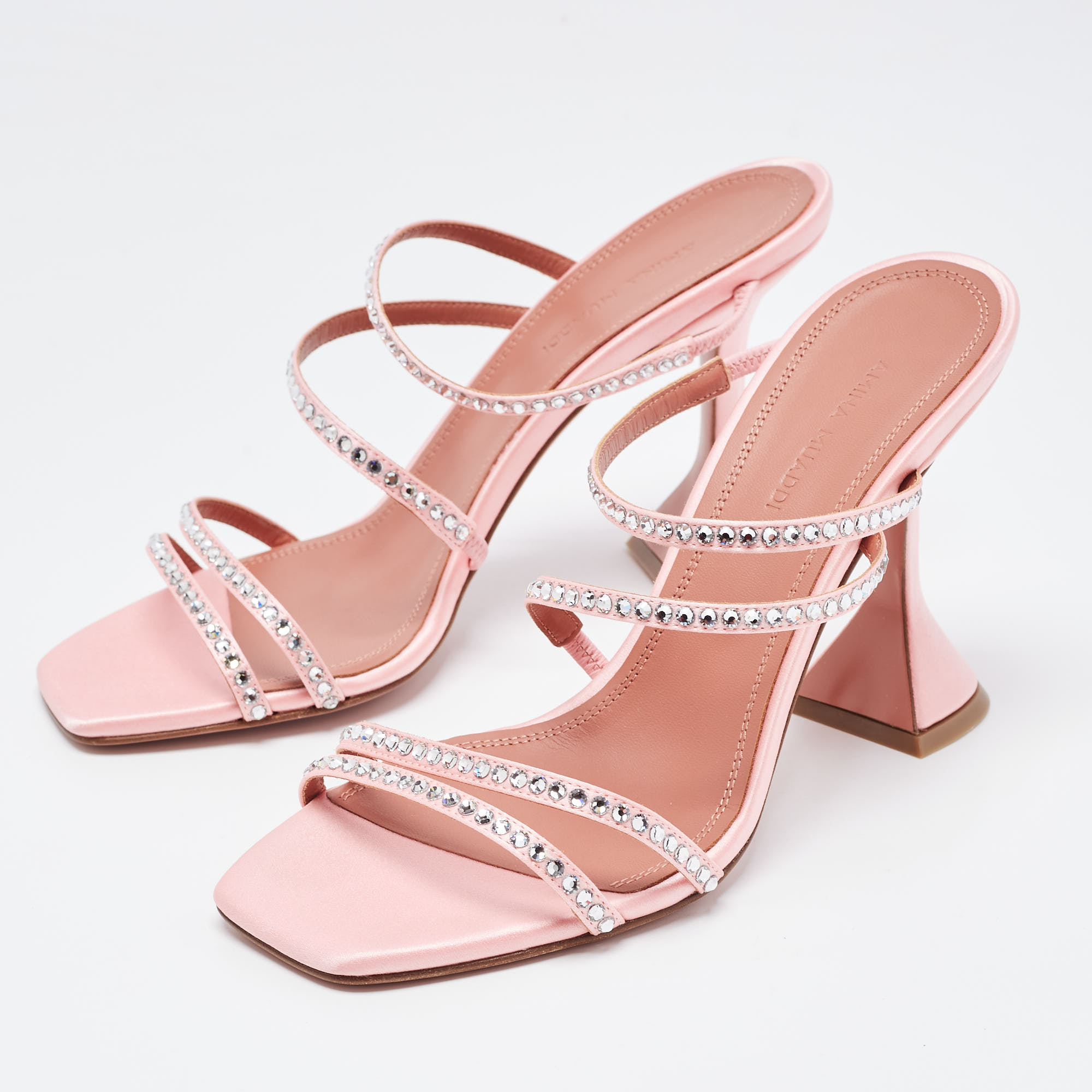 

Amina Muaddi Pink Crystal Embellished Satin Glida Slide Sandals Size