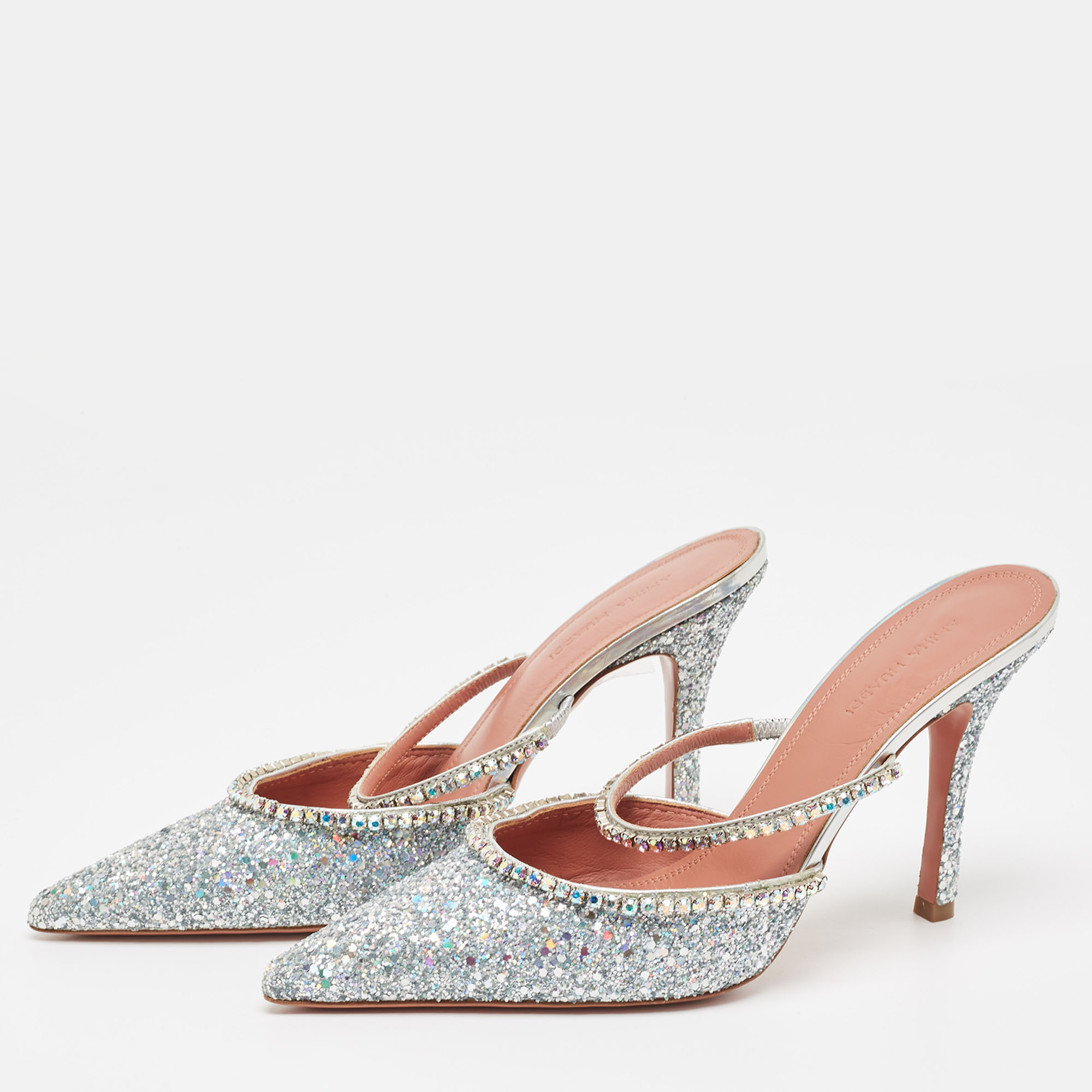 

Amina Muaddi Silver Glitter Crystal Embellished Gilda Mules Size