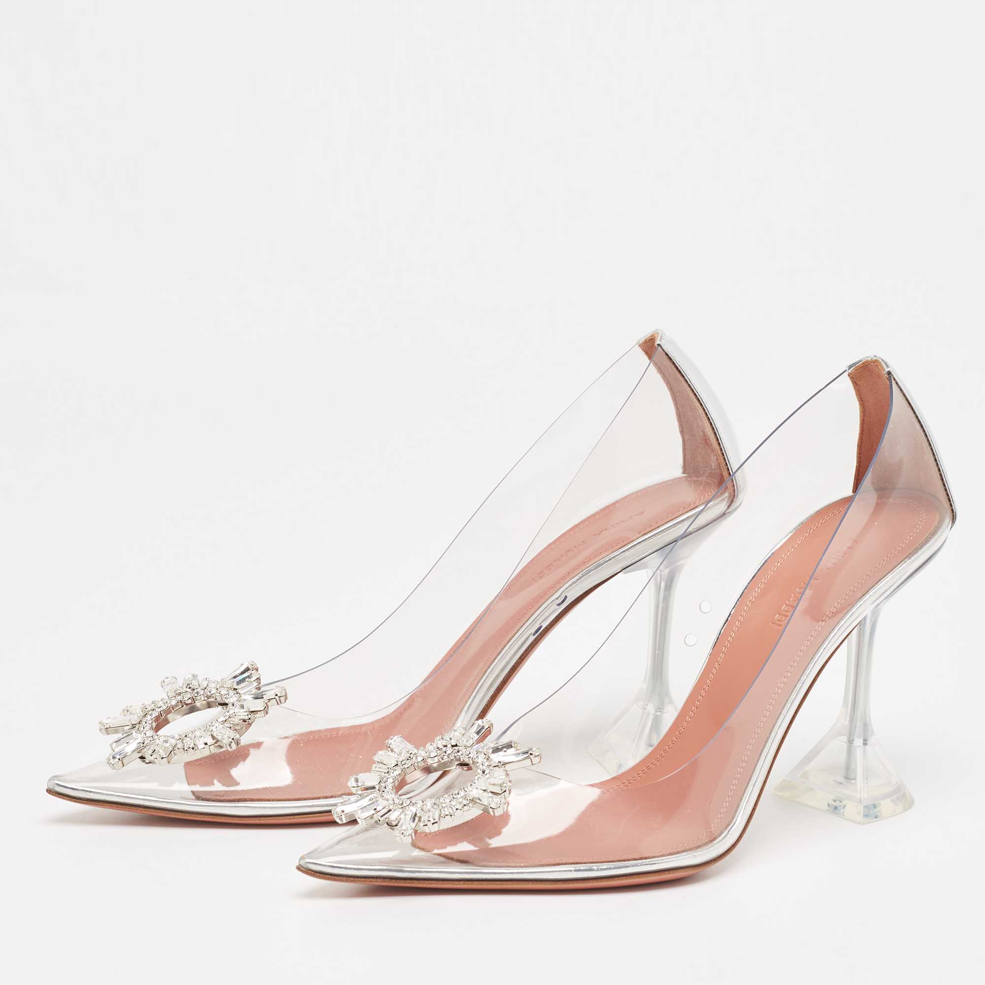 

Amina Muaddi Silver/Transparent PVC and Leather Begum Pumps Size