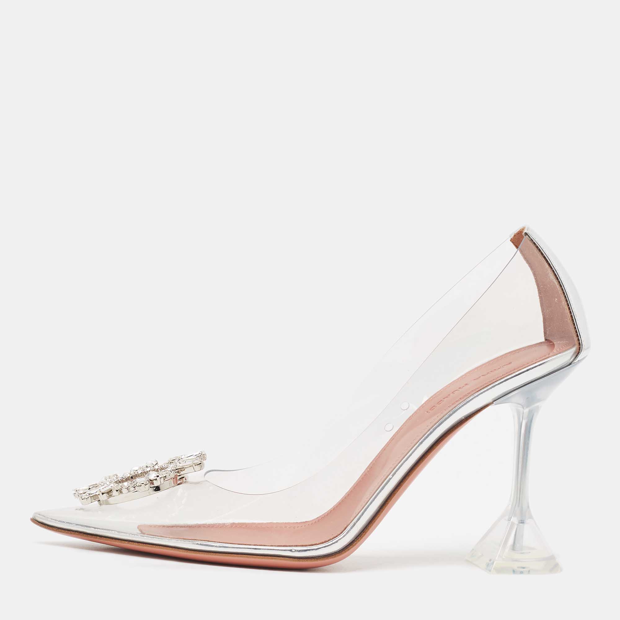 Pre Owned Amina Muaddi Silver/Transparent PVC and Leather Begum Pumps Size 38