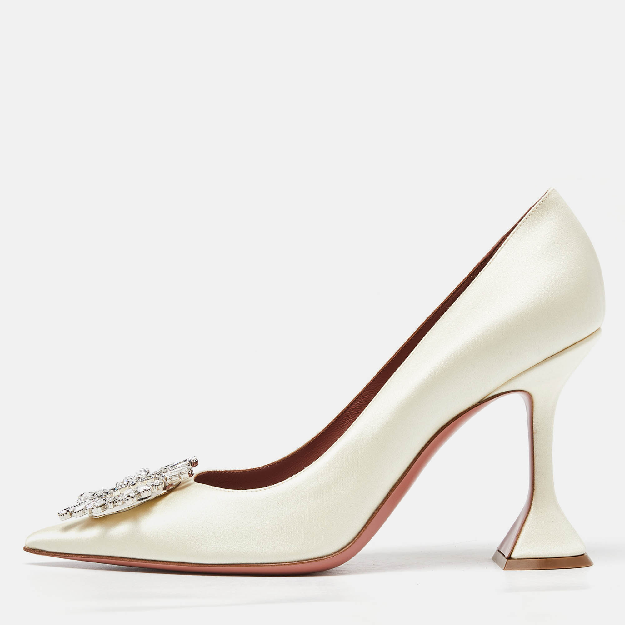 Pre-owned Amina Muaddi White Satin Begum Crystal Embellished Pointed Toe Pumps Size 39