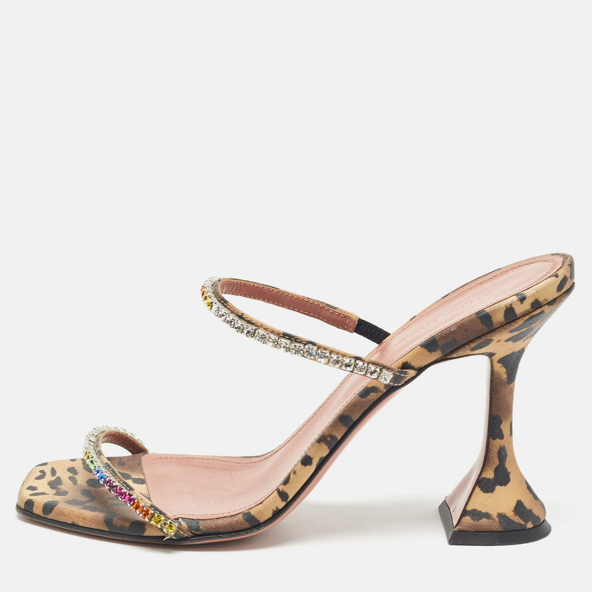 

Amina Muaddi Brown/Black Leopard Print Satin Crystal Embellished Glida Sandals Size