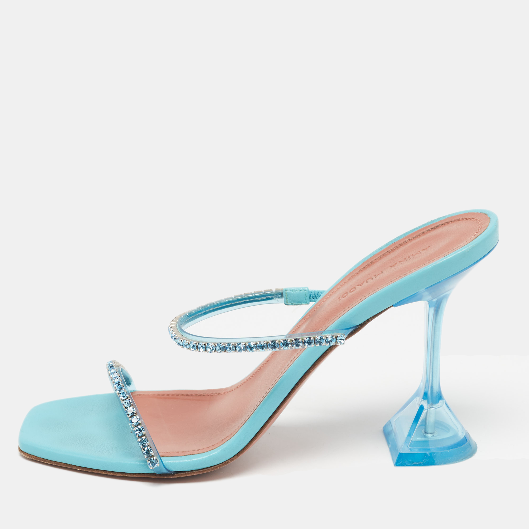 

Amina Muaddi Blue Crystal Embellished PVC Gilda Sandals Size