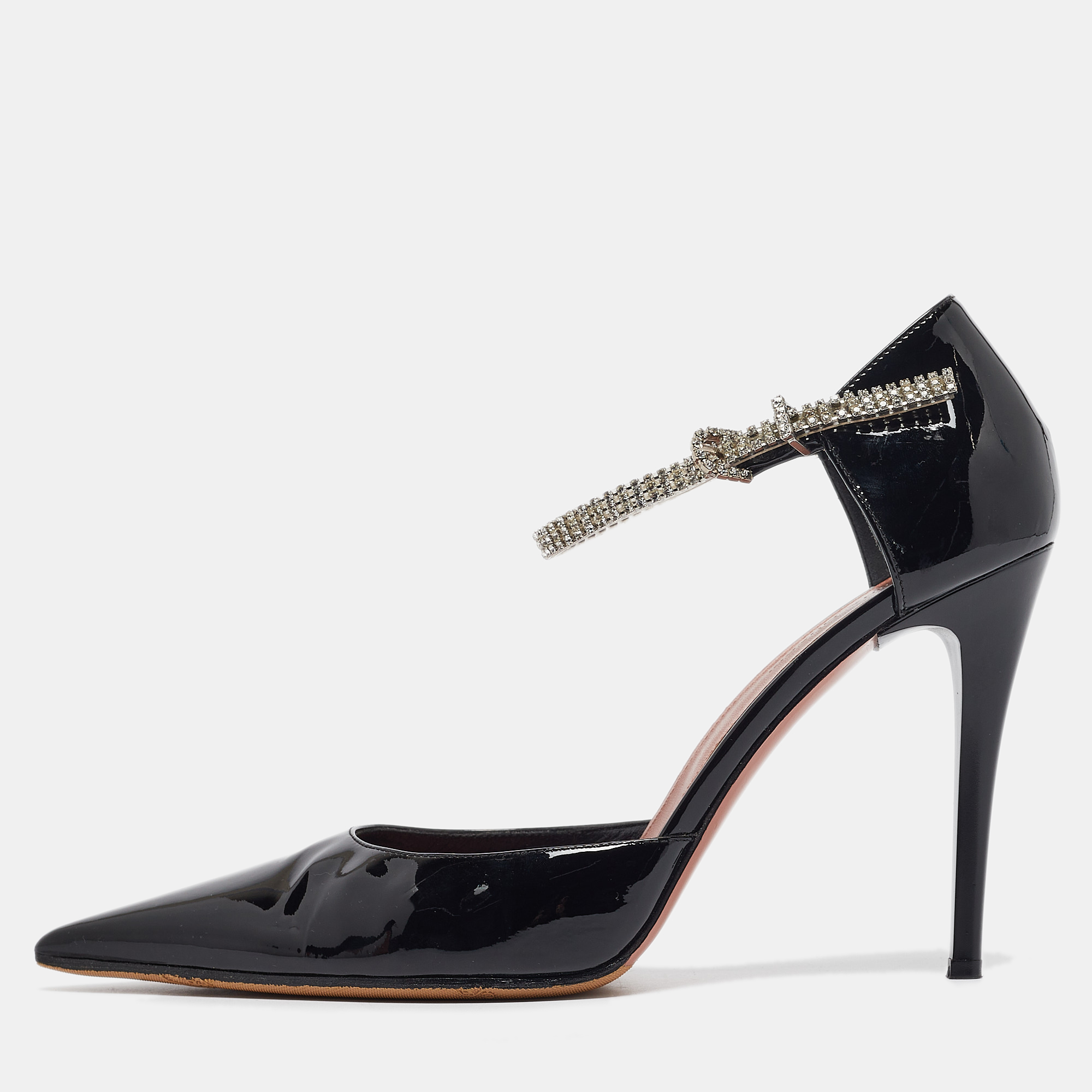 

Amina Muaddi Black Patent Leather Ursina Pumps Size