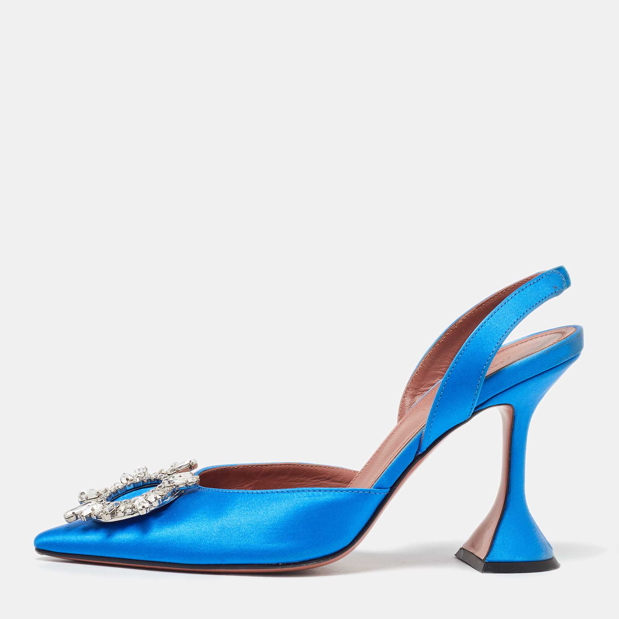 Pre-owned Amina Muaddi Blue Satin Begum Slingback Pumps Size 37