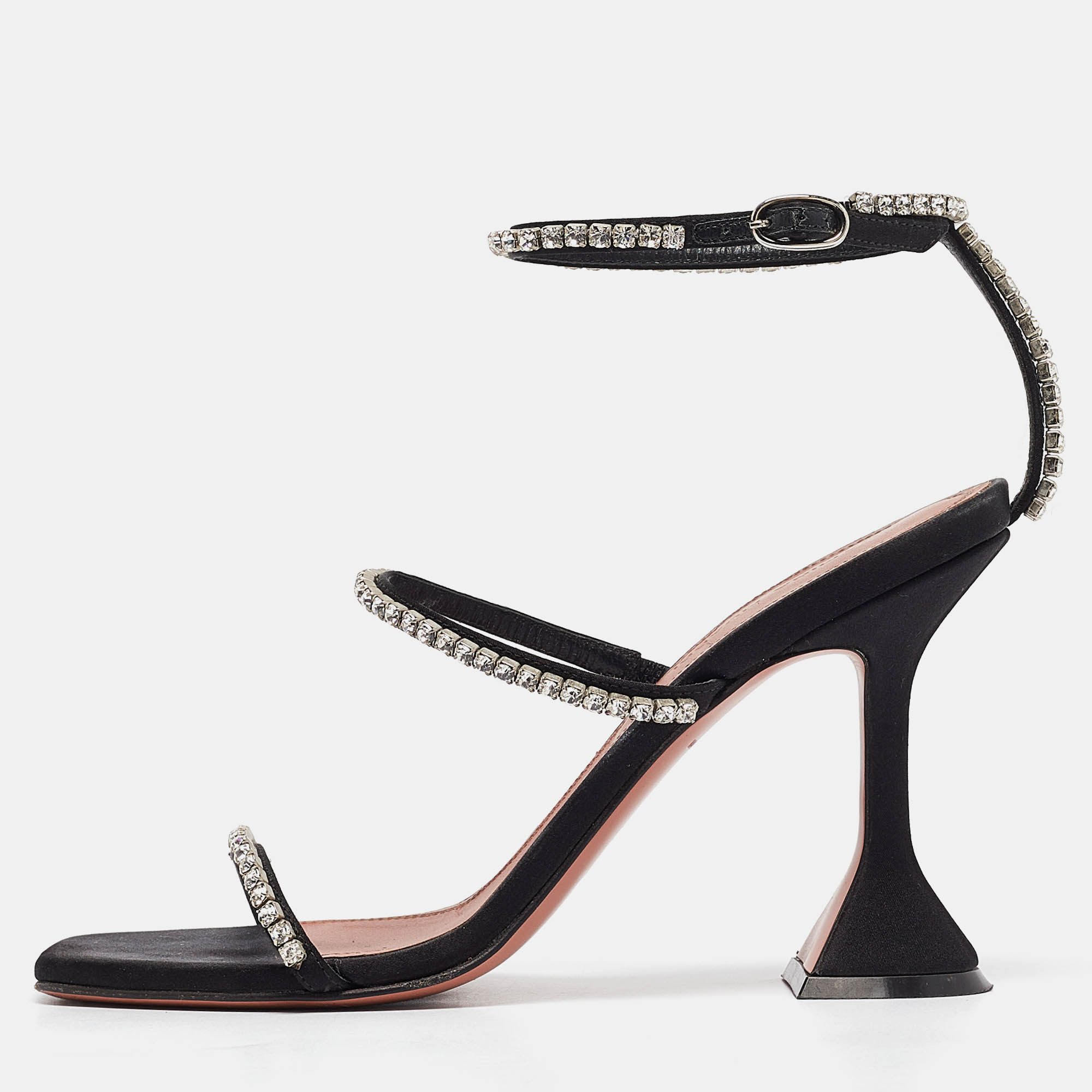 

Amina Muaddi Black Satin Crystal Embellished Gilda Sandals Size