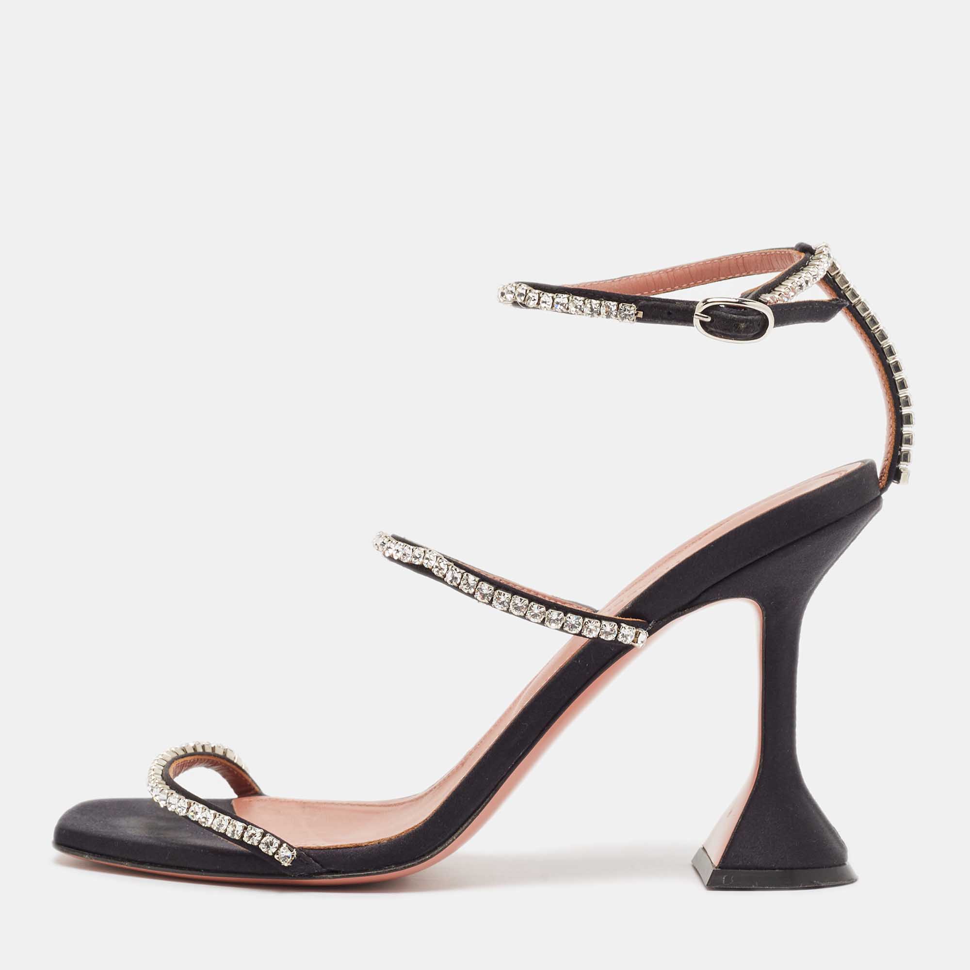 

Amina Muaddi Black Crystal Embellished Satin Gilda Sandals Size