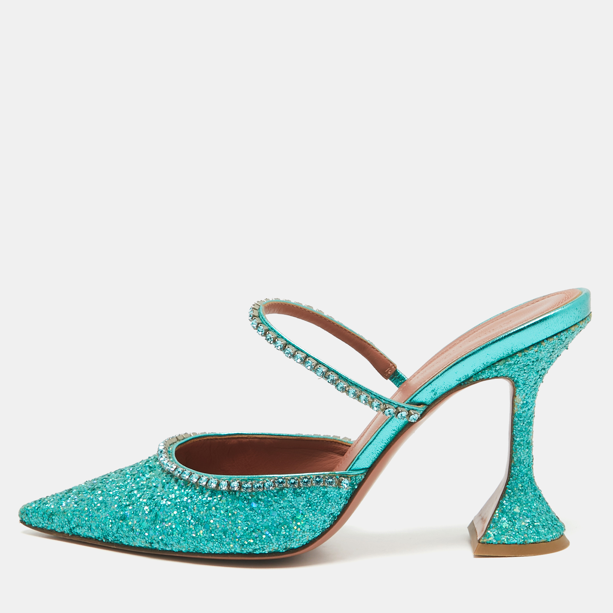 

Amina Muaddi Teal Green Glitter Crystal Embellished Mules Size