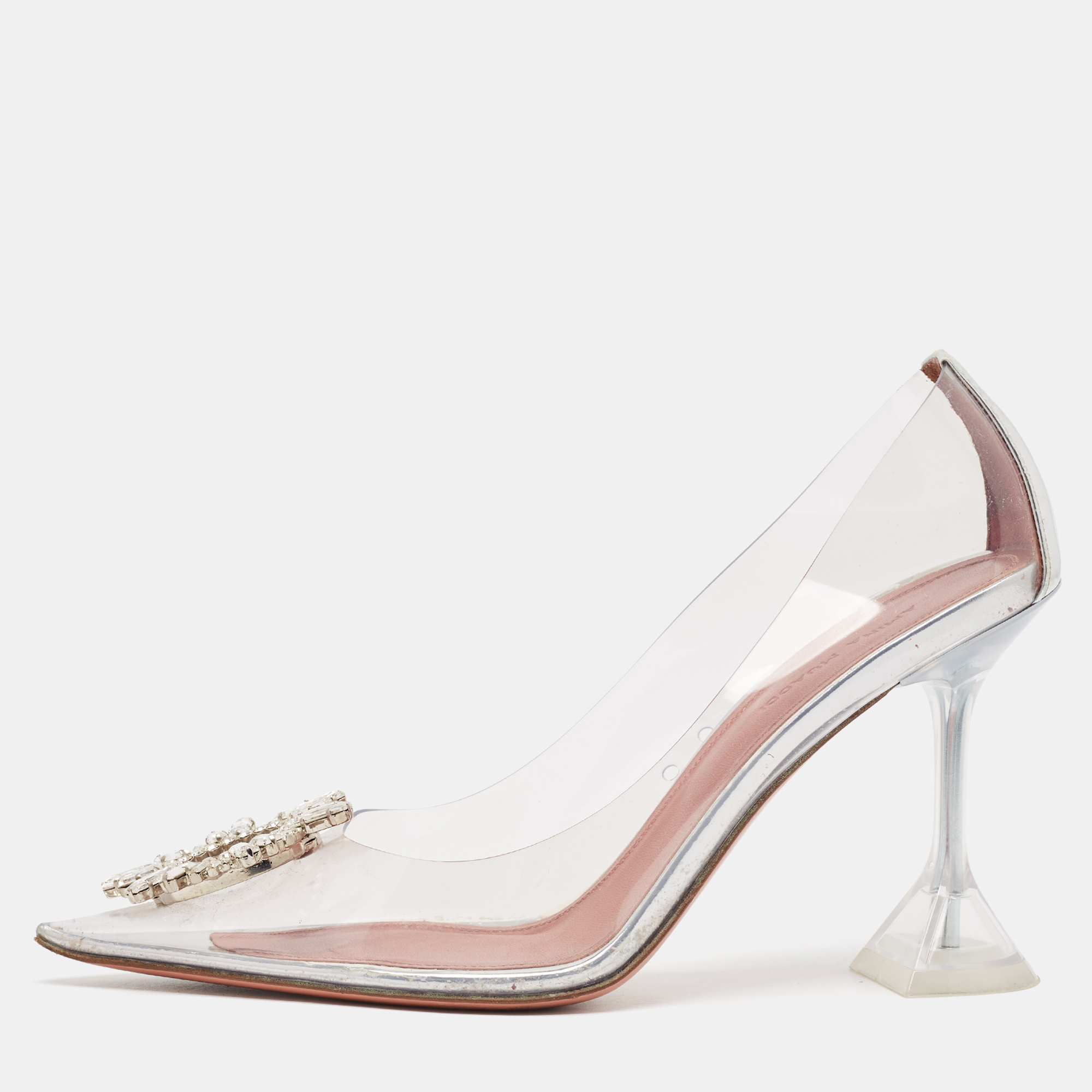 

Amina Muaddi Transparent/Silver PVC and Leather Begum Pumps Size