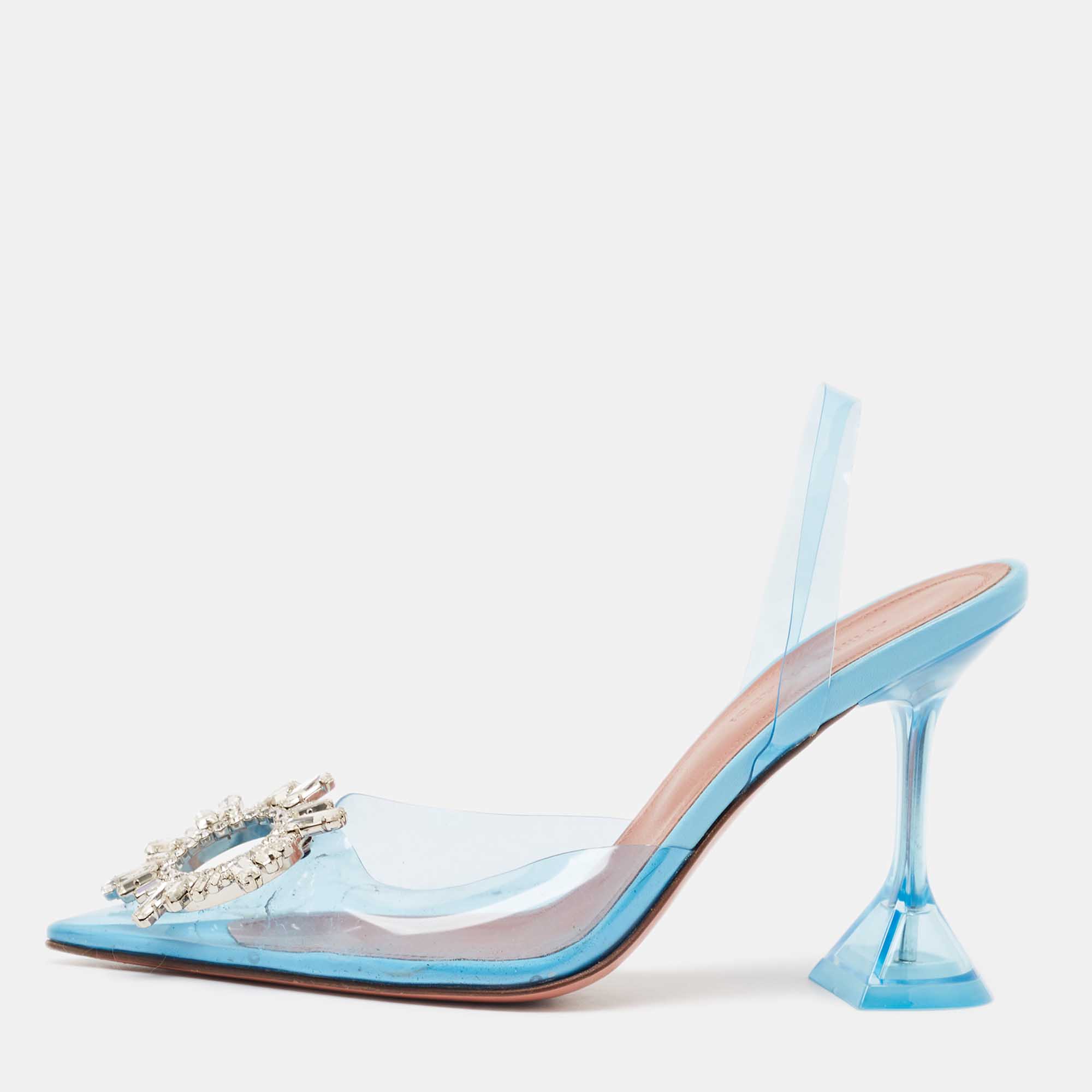 

Amina Muaddi Blue PVC Begum Slingback Pumps Size