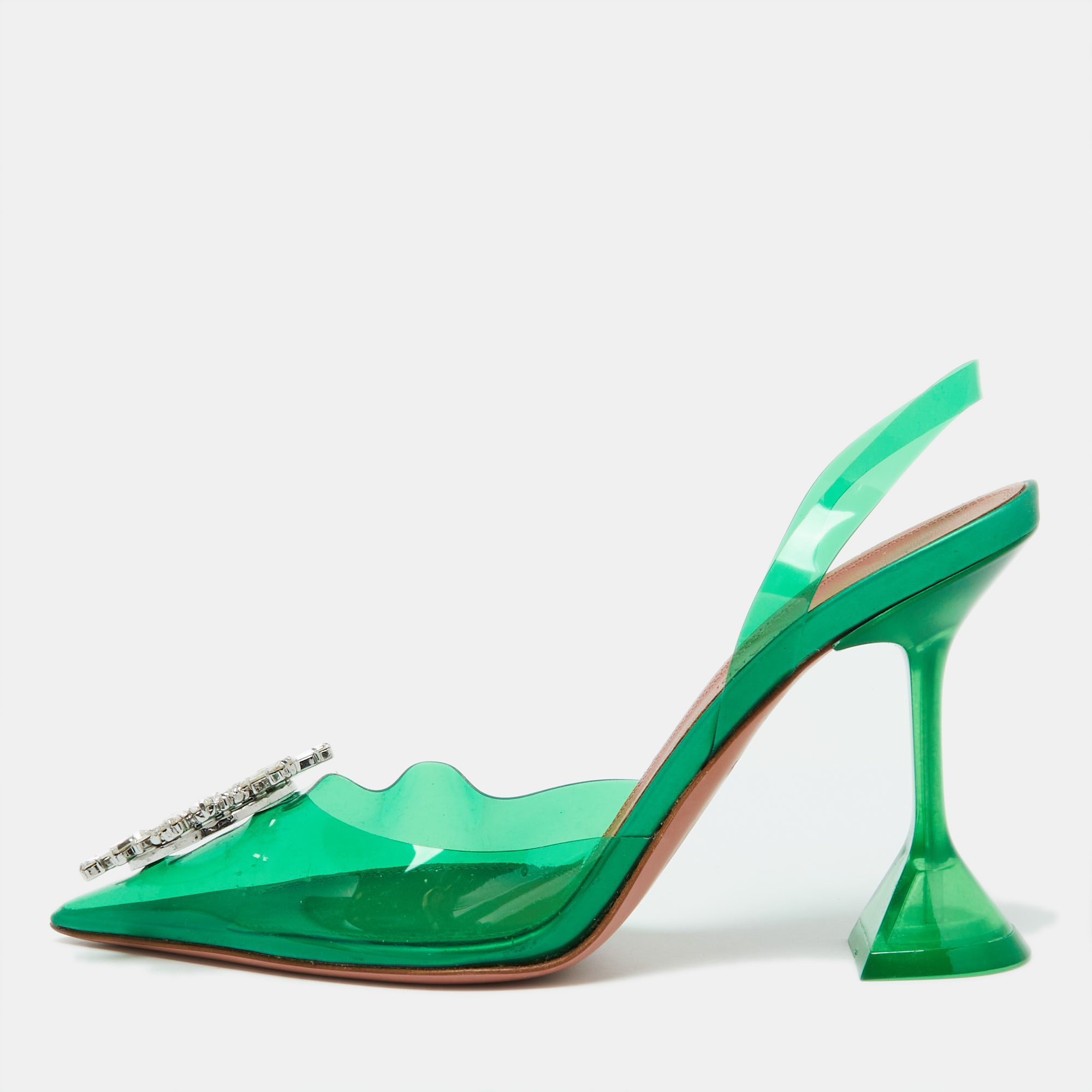 

Amina Muaddi Green PVC Crystal Embellished Begum Slingback Pumps Size