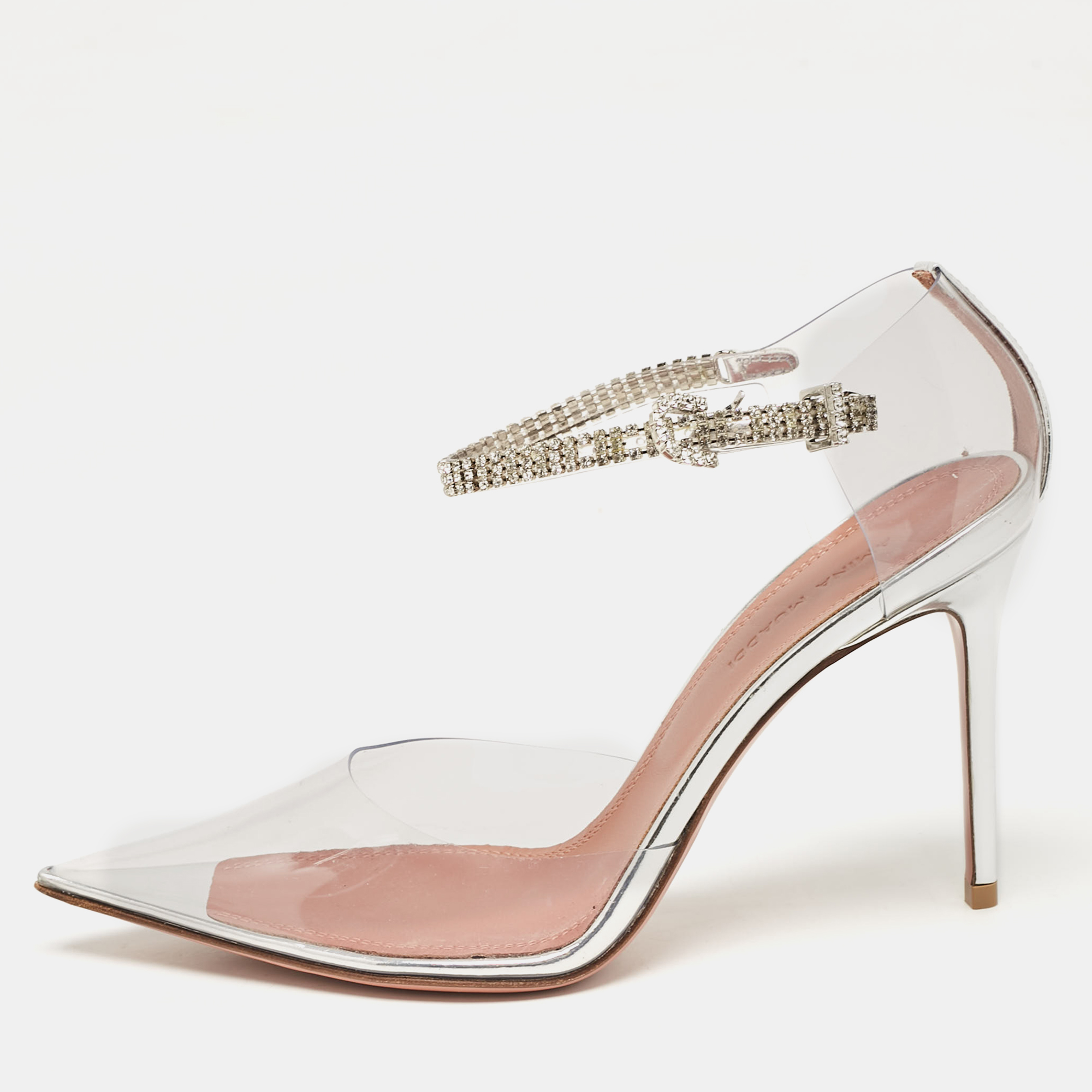 

Amina Muaddi Silver PVC and Patent Leather Ursina Pumps Size