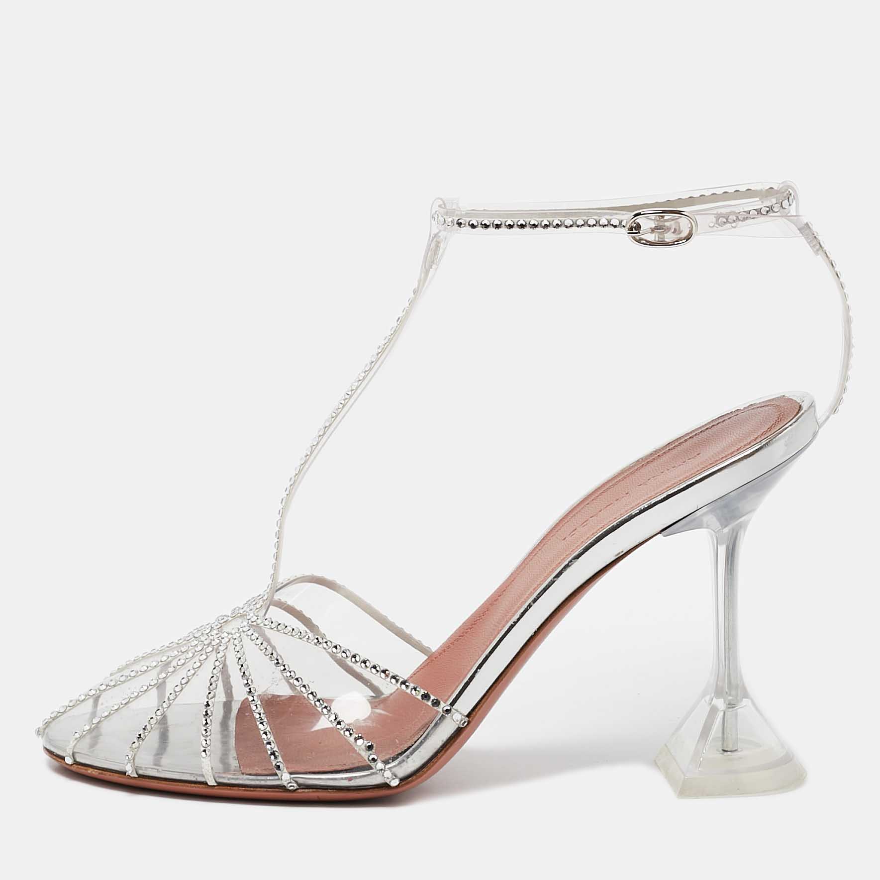 

Amina Muaddi Transparent PVC Brygit T-Strap Pumps Size