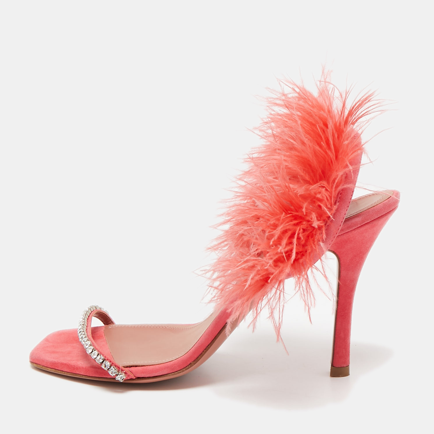 

Amina Muaddi Pink Satin and Feather Crystal Embellished Adwoa Slingback Sandals Size