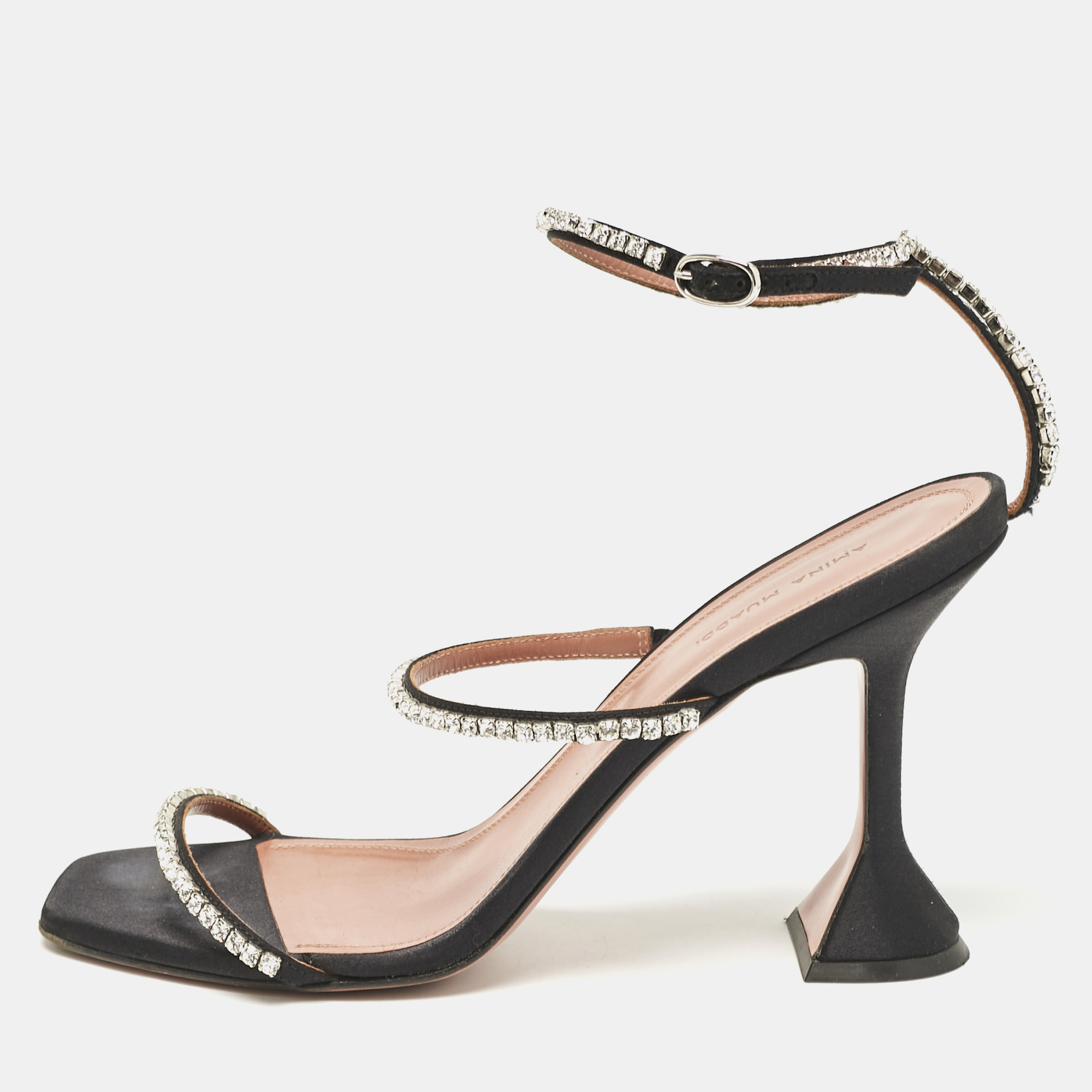 

Amina Muaddi Black Satin Crystal Embellished Glida Sandals Size