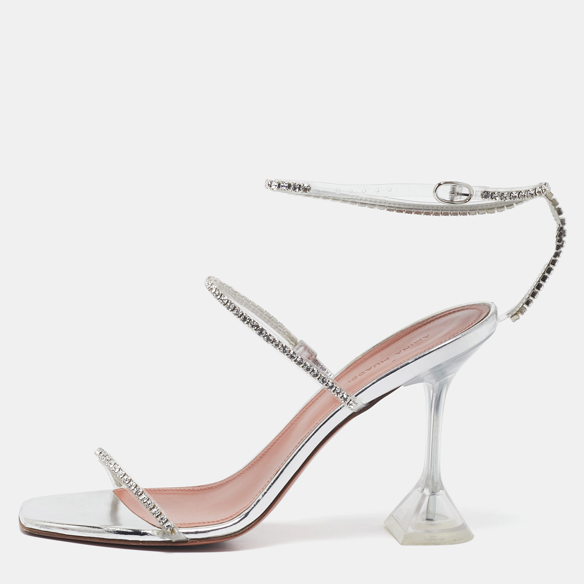 

Amina Muaddi Silver PVC Gilda Crystal Embellished Ankle Strap Sandals Size