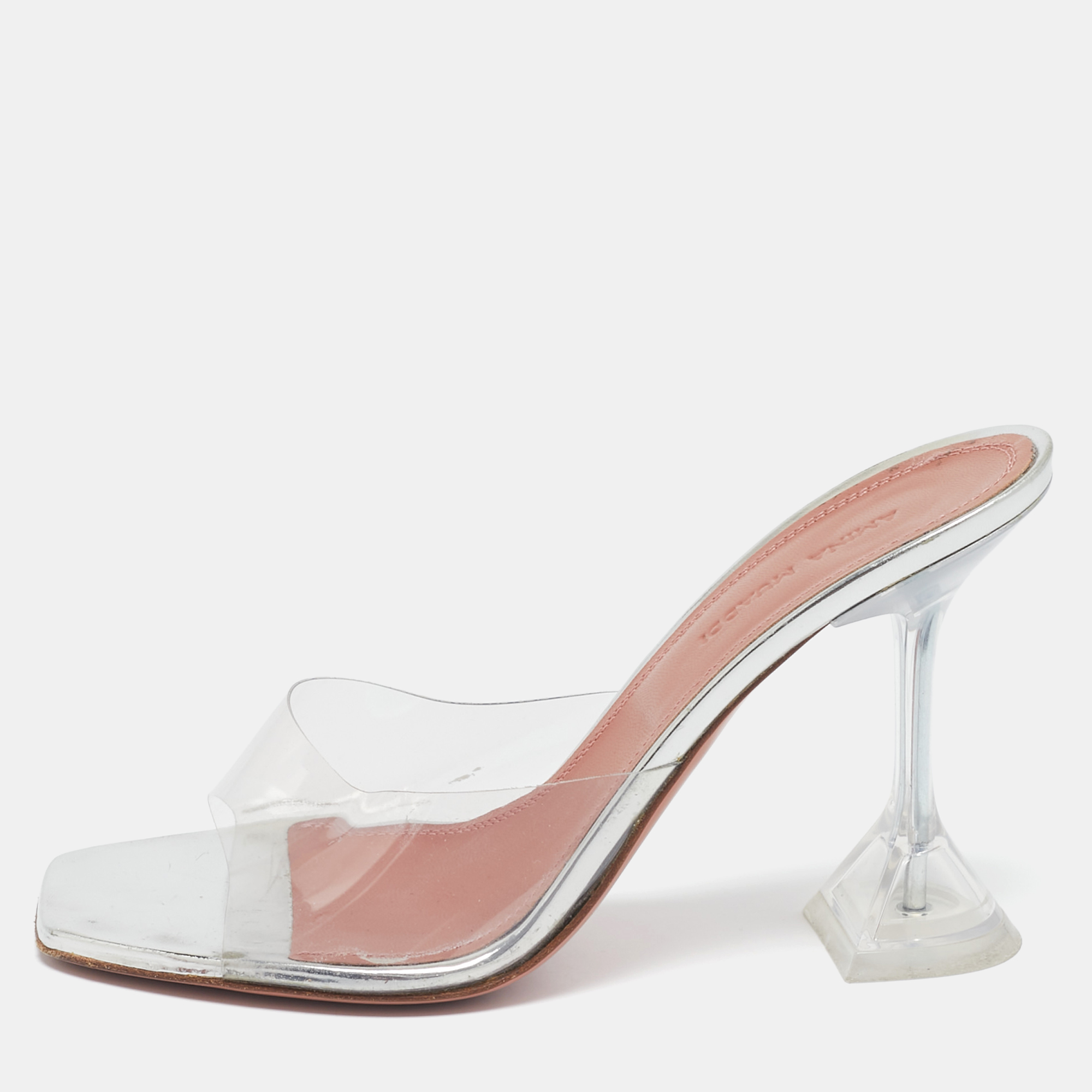 

Amina Muaddi Silver PVC and Patent Leather Lupita Glass Sandals Size